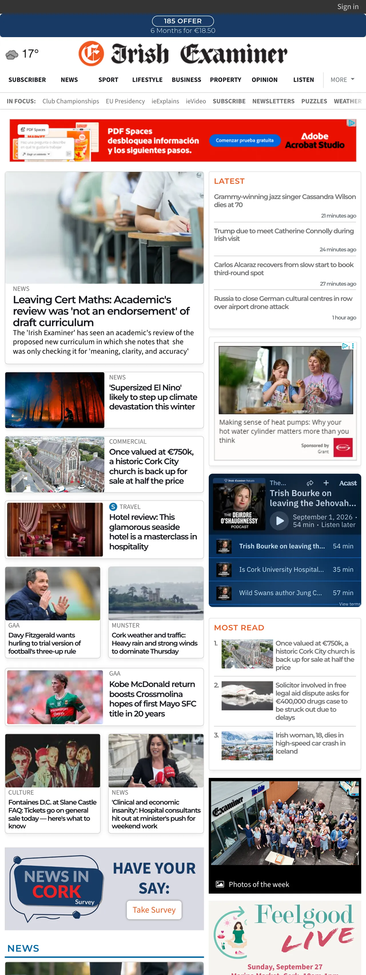 Screenshot of the Irish Examiner front page