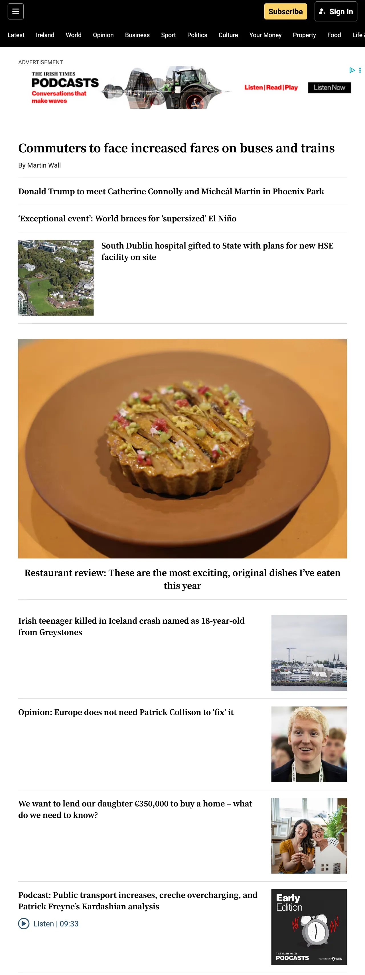 Screenshot of the The Irish Times front page