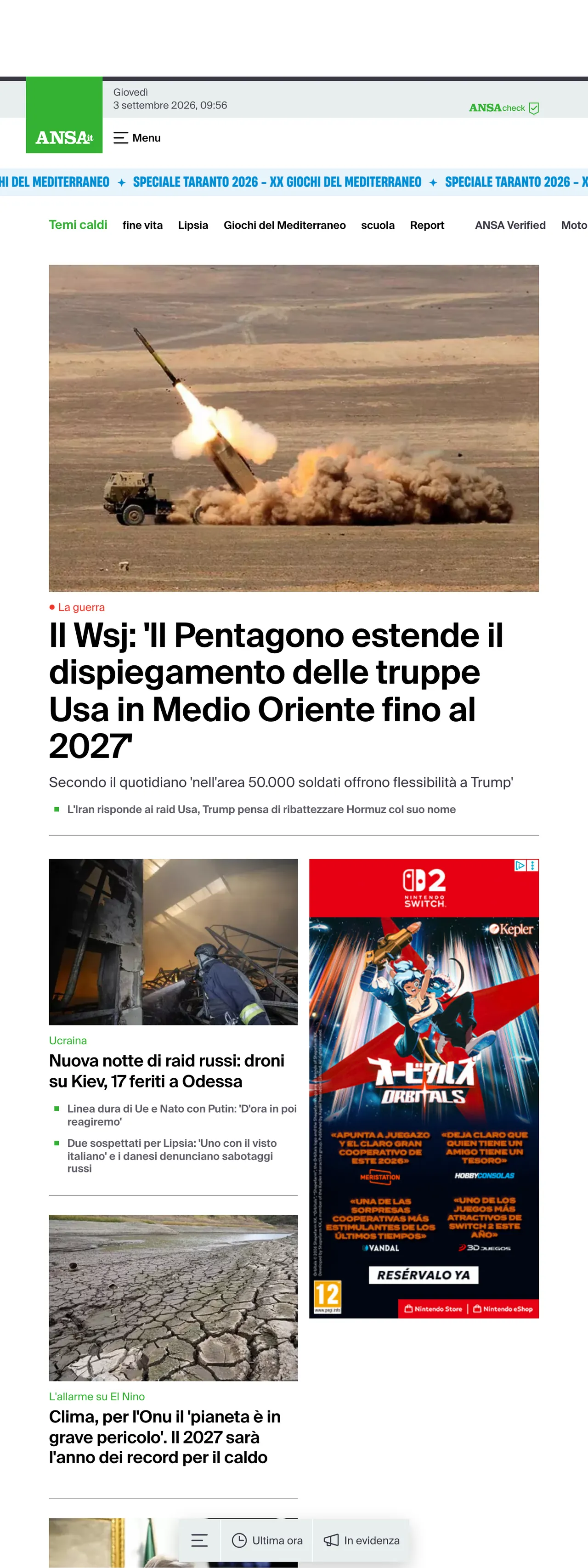 Screenshot of the ANSA front page