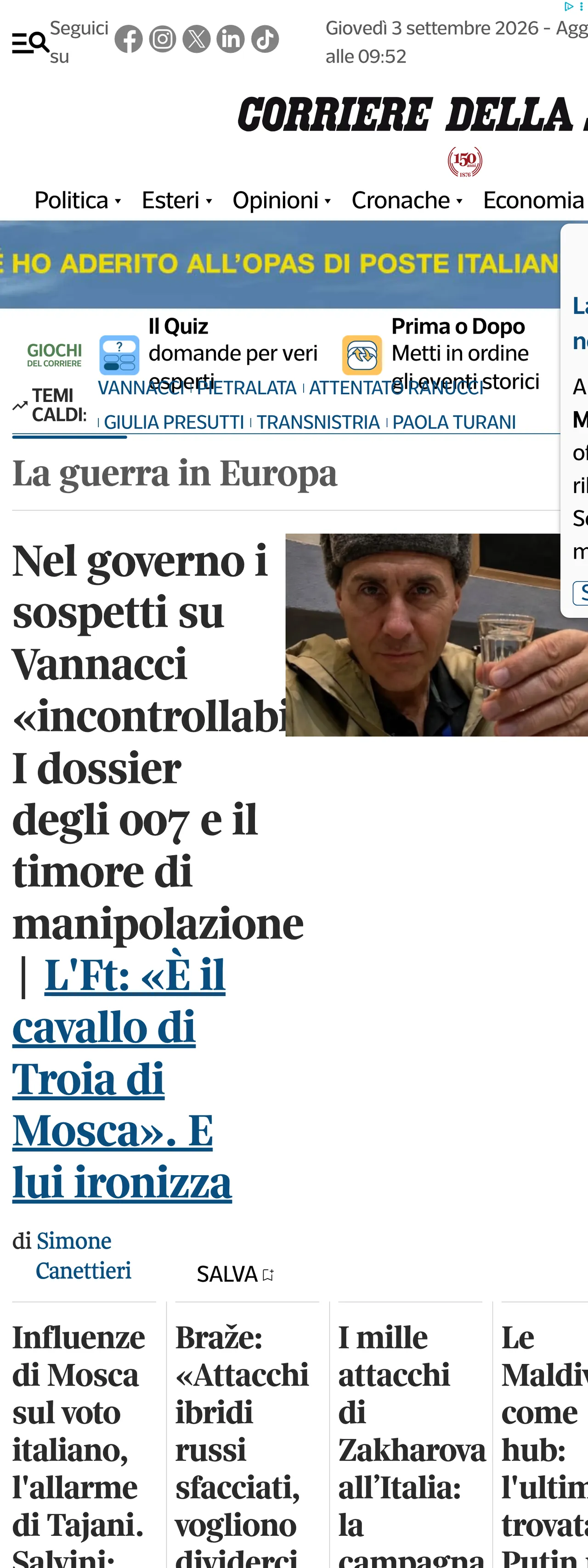Screenshot of the Corriere della Sera front page