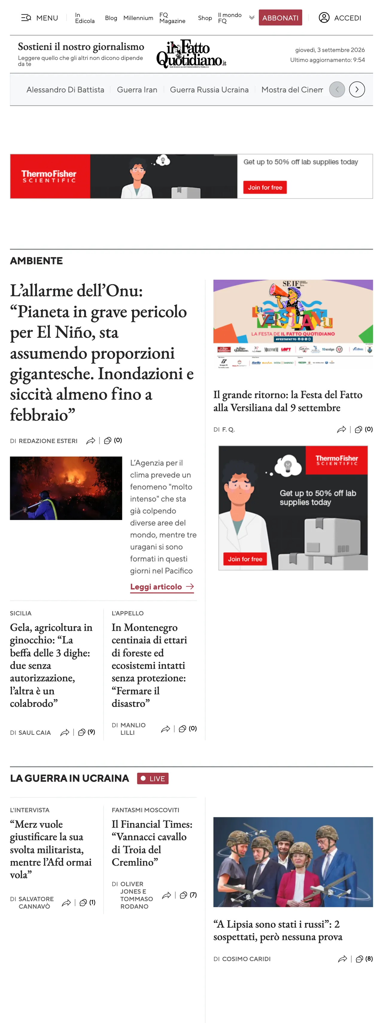 Screenshot of the Il Fatto Quotidiano front page