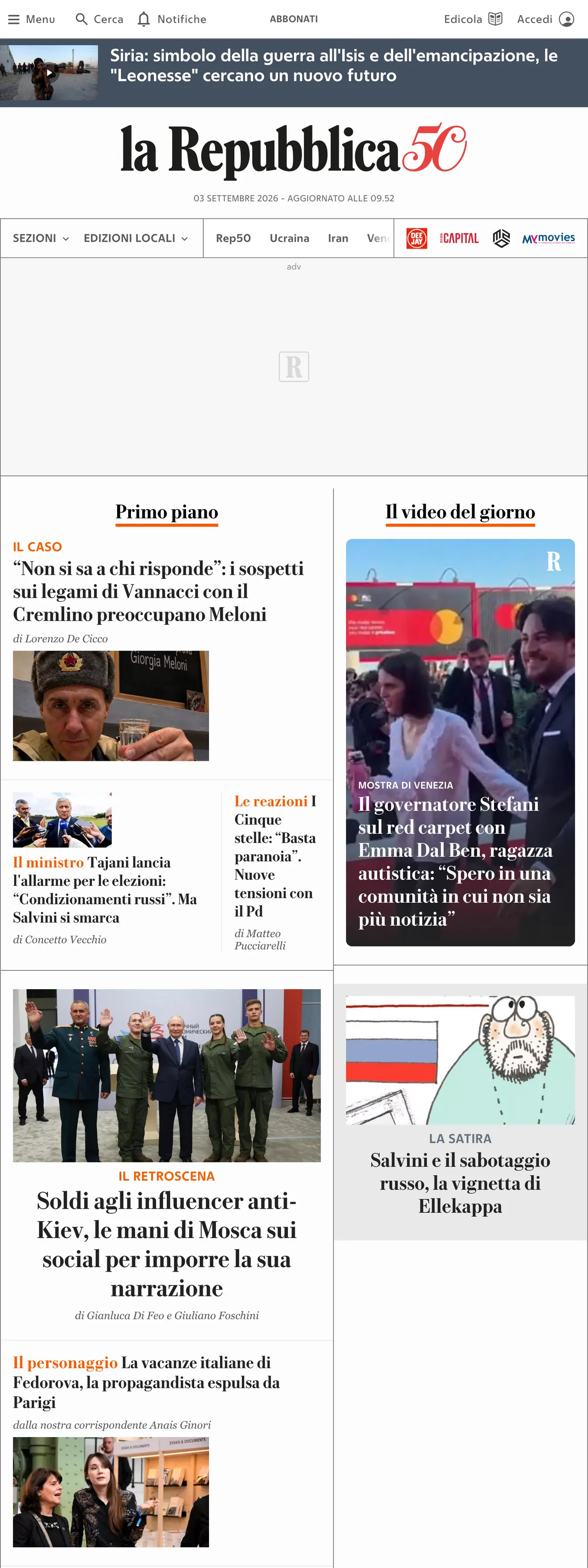 Screenshot of the la Repubblica front page