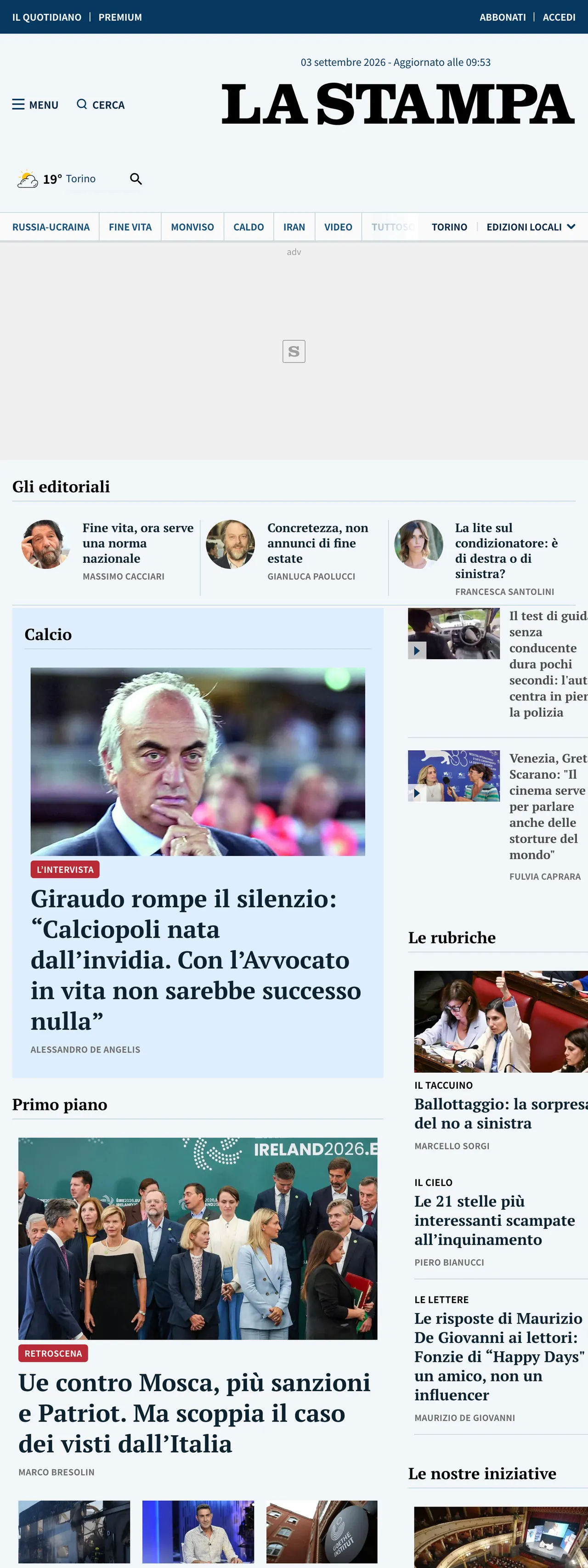 Screenshot of the La Stampa front page