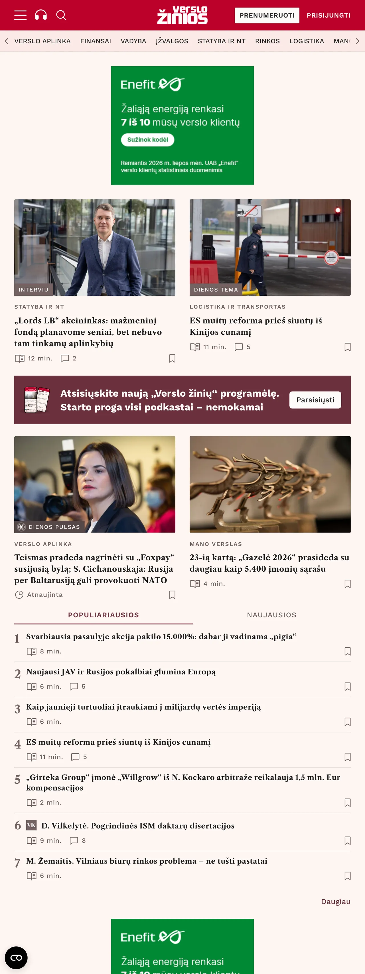 Screenshot of the Verslo žinios front page