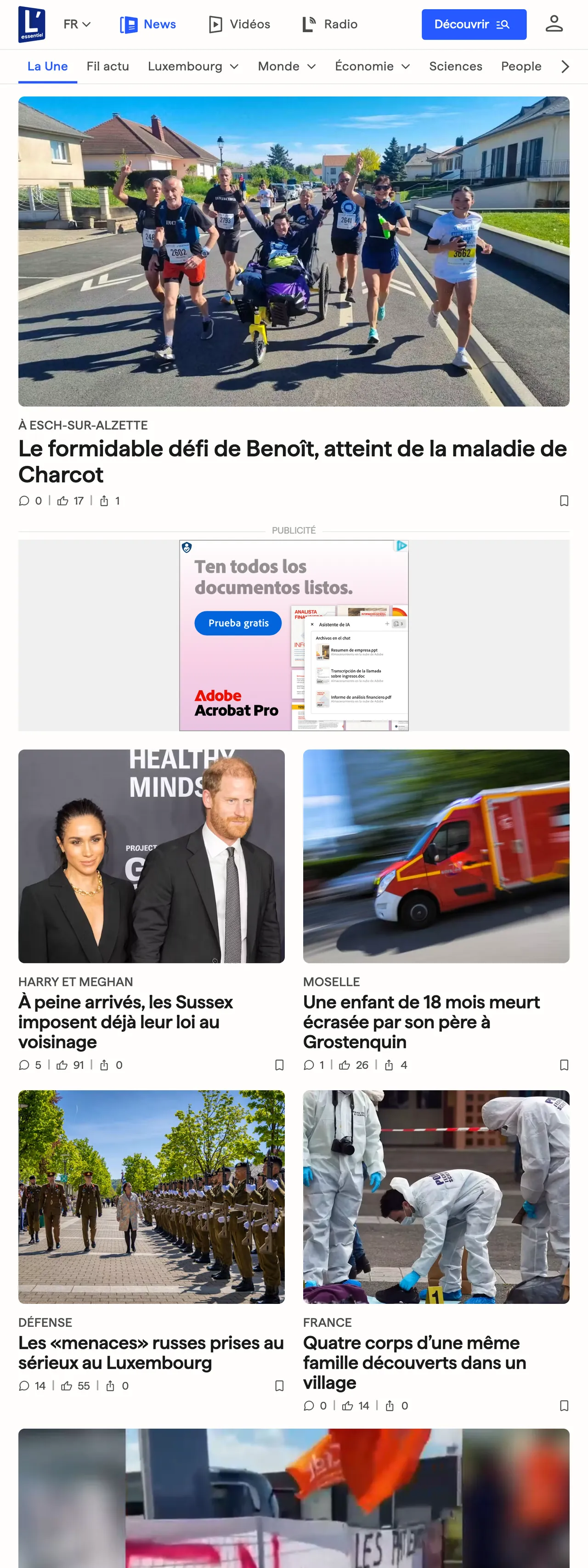 Screenshot of the L'essentiel front page