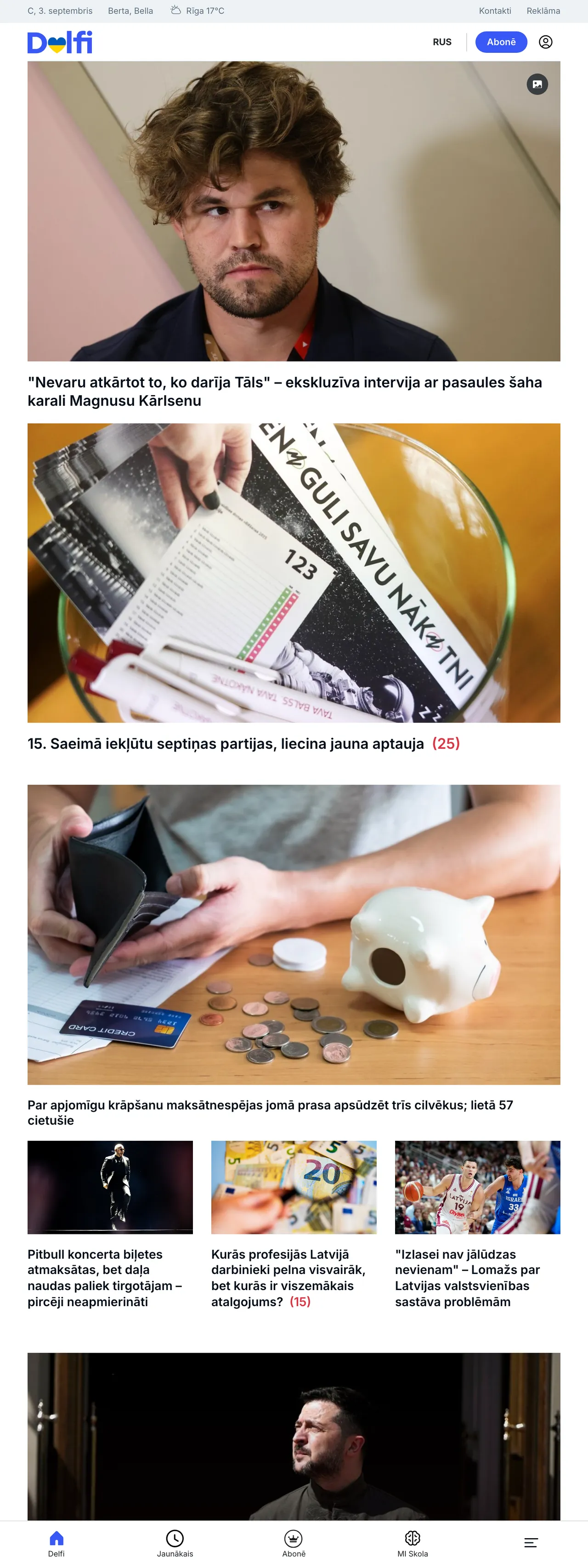 Screenshot of the Delfi front page
