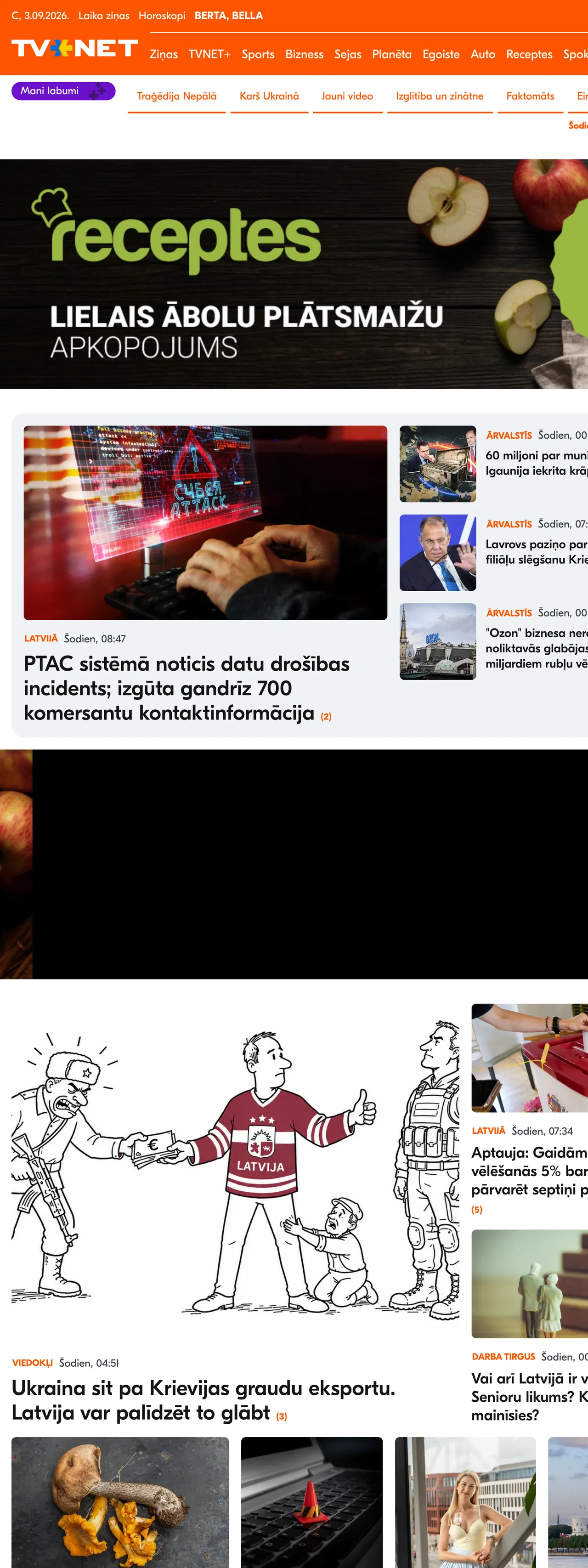 Screenshot of the TVNET front page