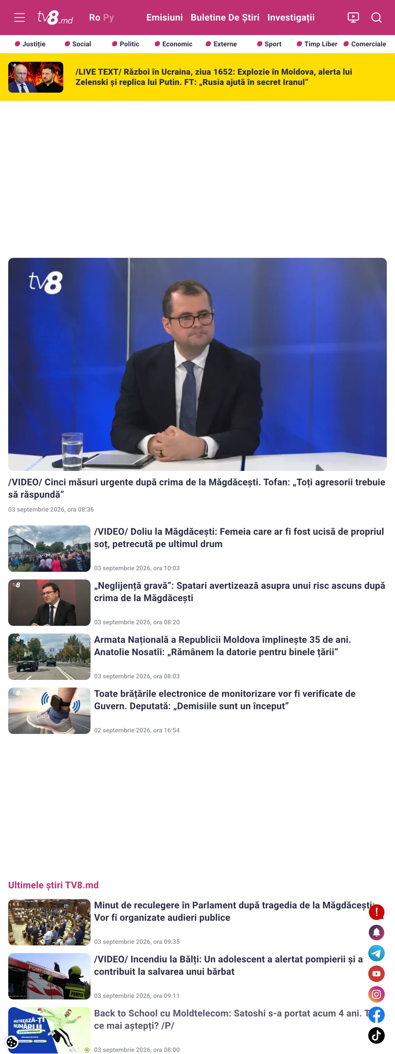 Screenshot of the TV8 front page