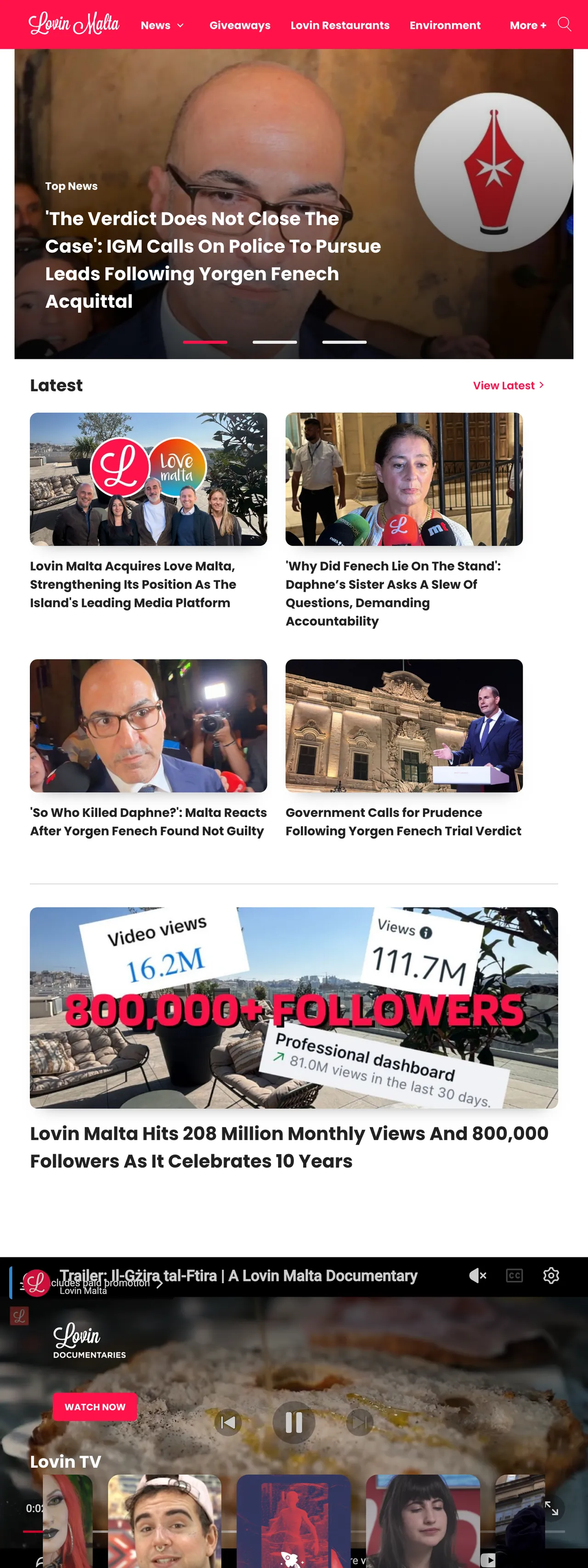 Screenshot of the Lovin Malta front page