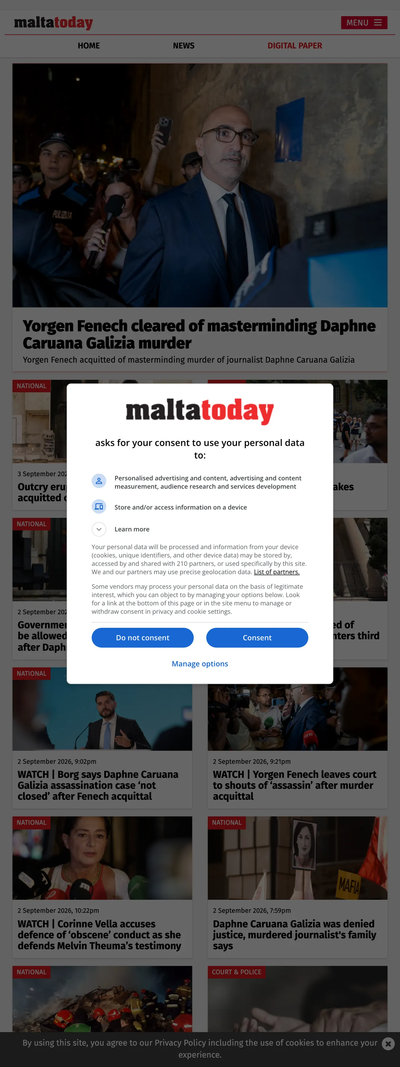 Screenshot of the Malta Today front page