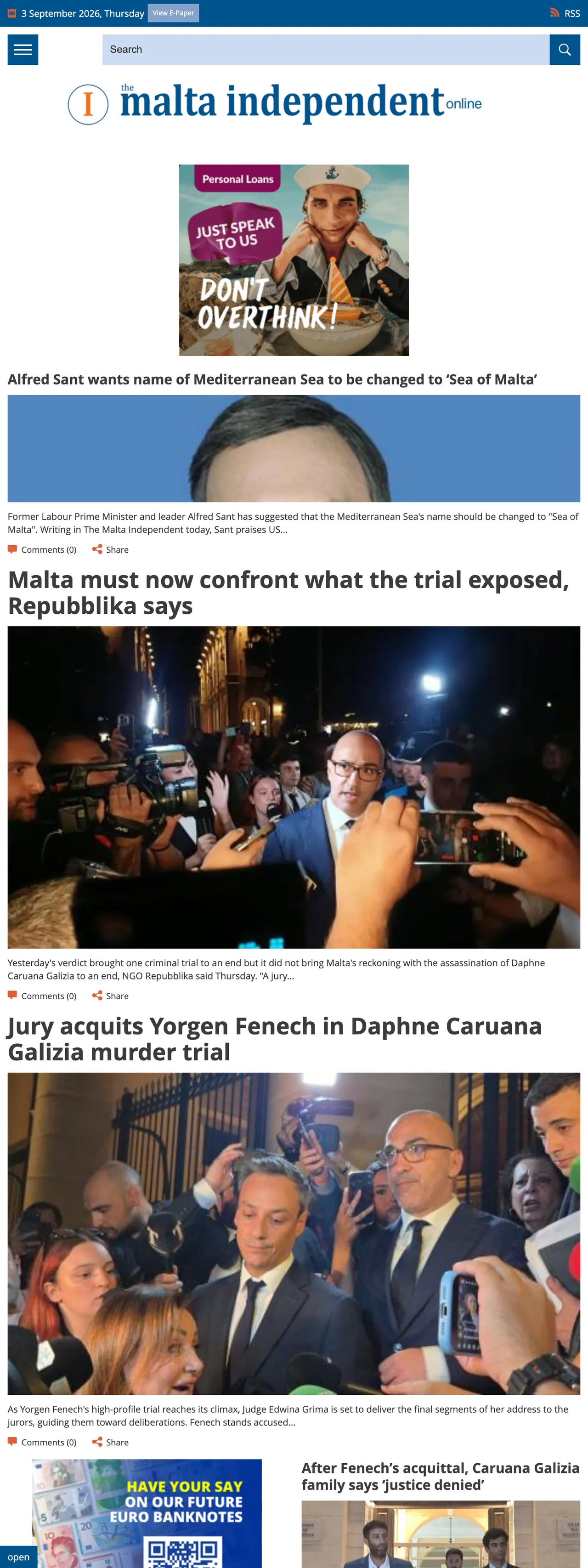 Screenshot of the The Malta Independent front page