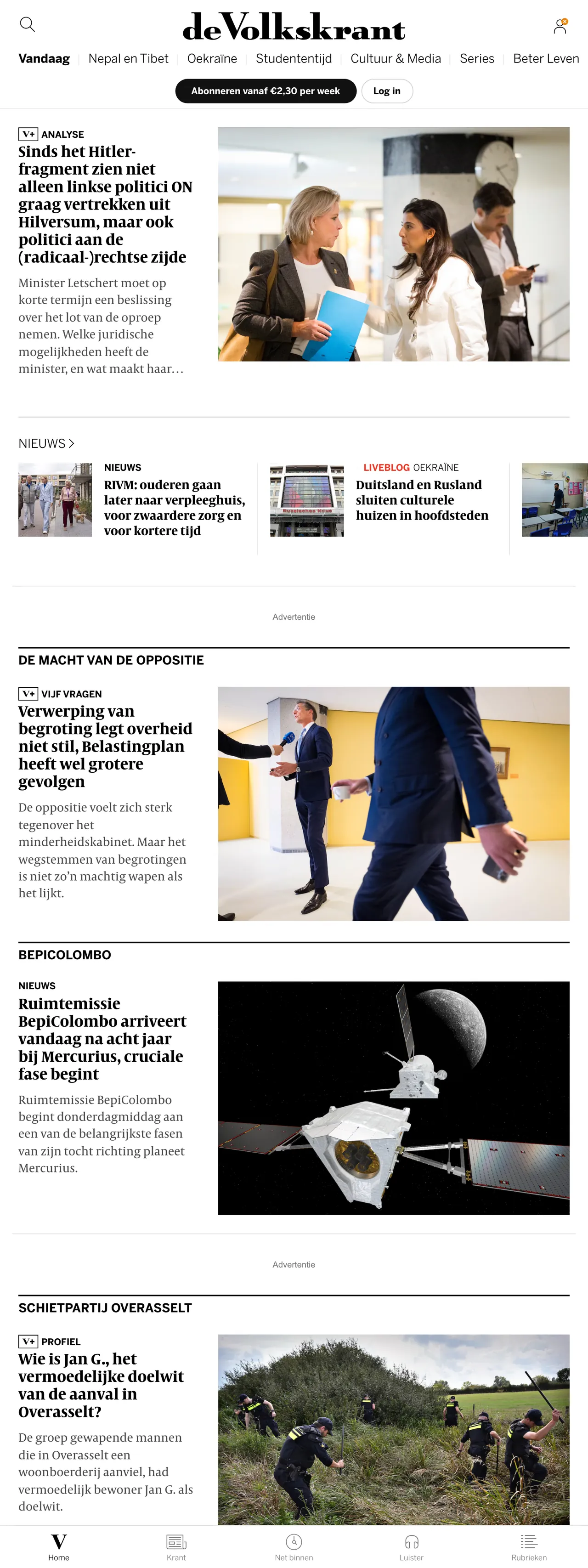 Screenshot of the de Volkskrant front page