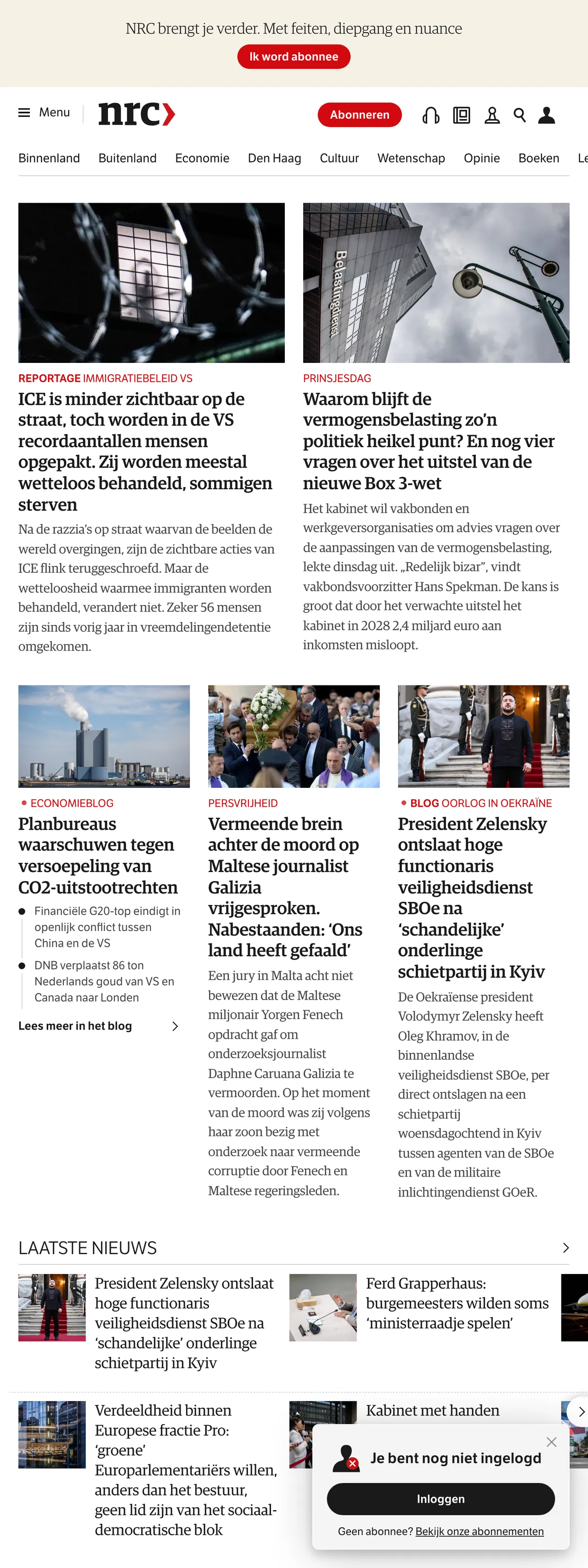 Screenshot of the NRC front page