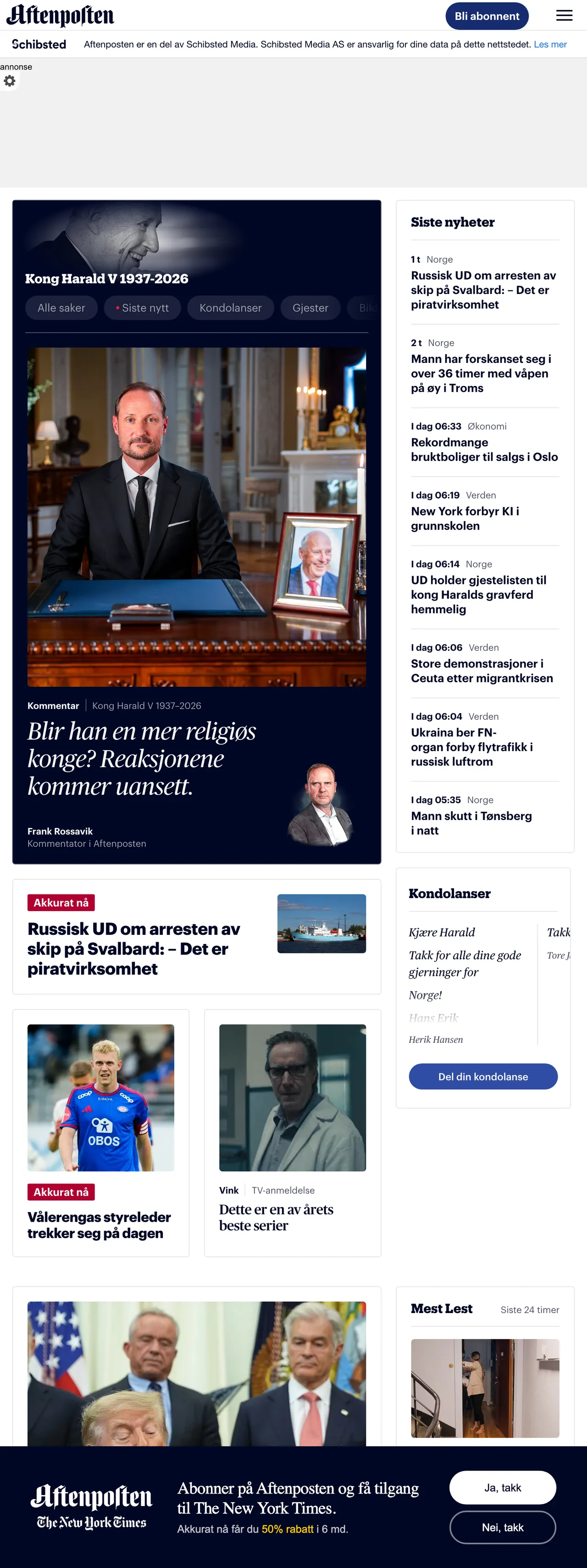 Screenshot of the Aftenposten front page