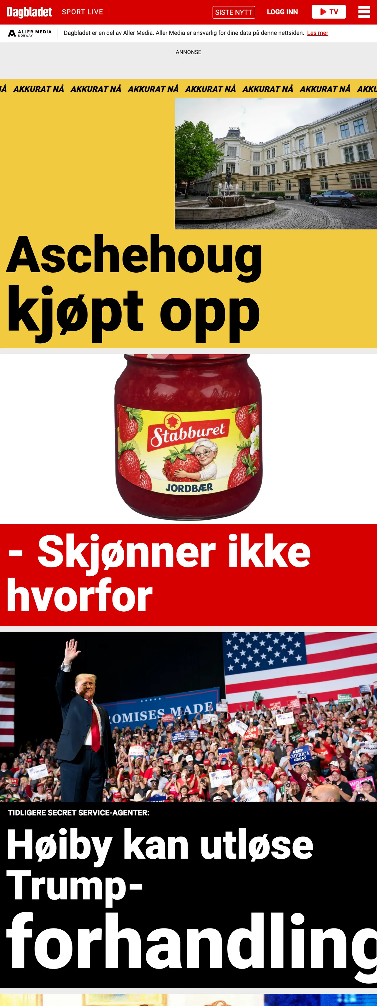 Screenshot of the Dagbladet front page