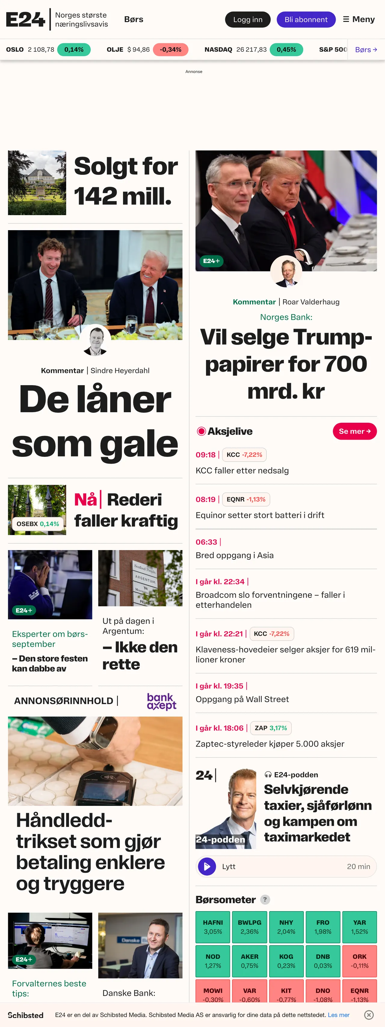 Screenshot of the E24 front page