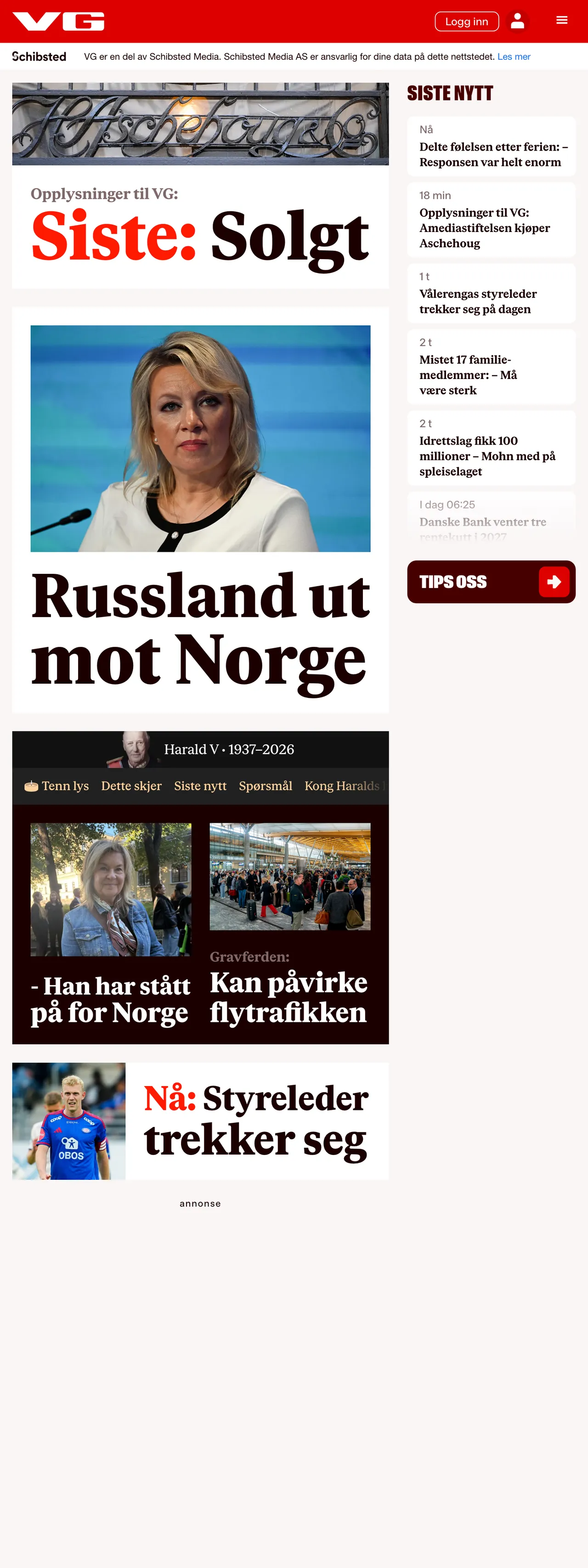 Screenshot of the VG front page