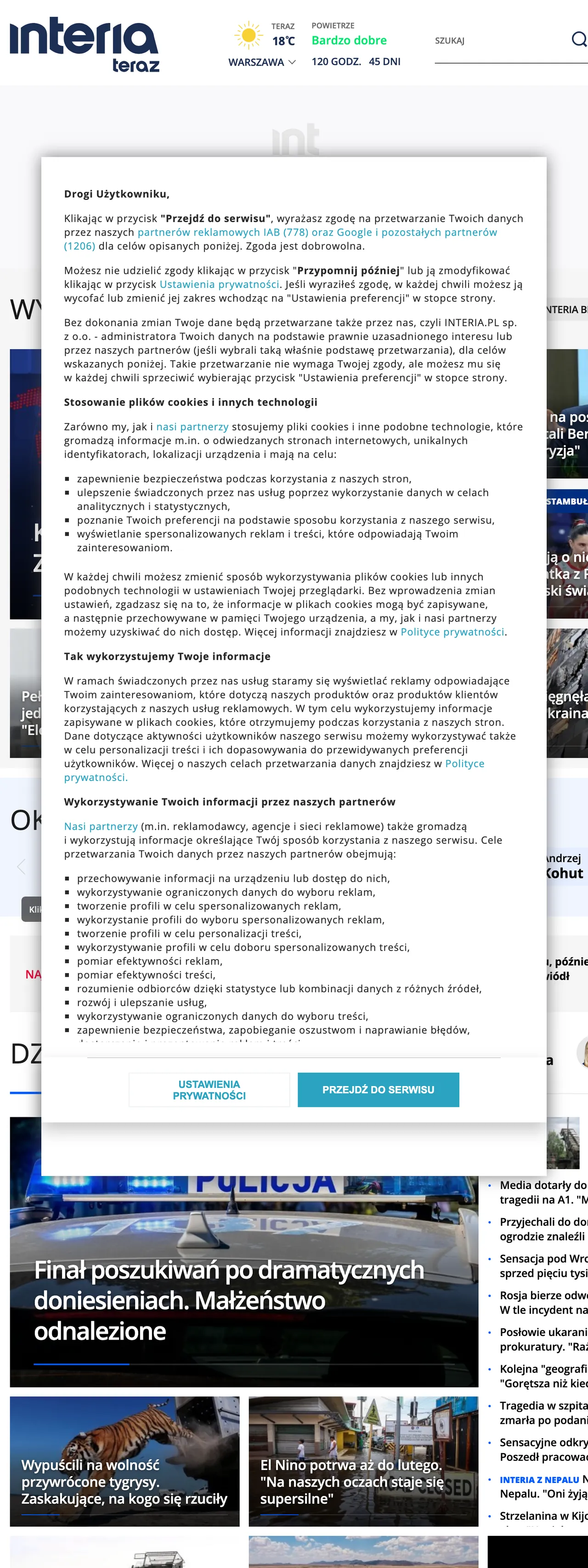 Screenshot of the Interia front page
