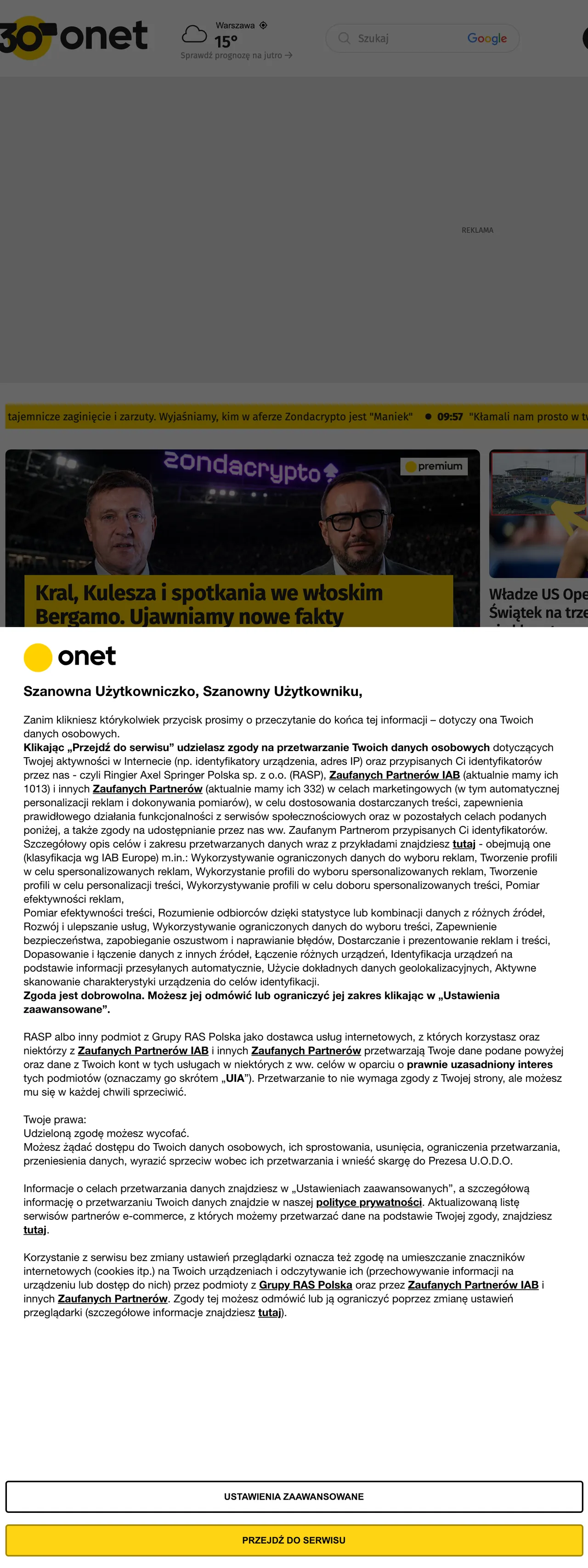Screenshot of the Onet front page