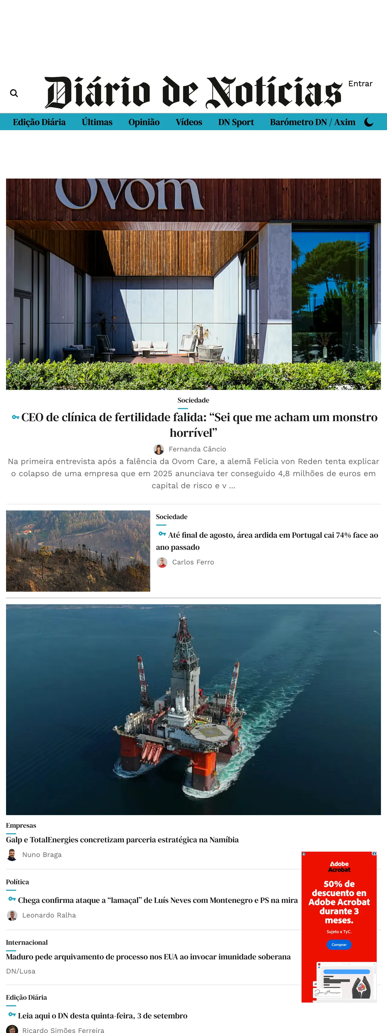 Screenshot of the Diário de Notícias front page