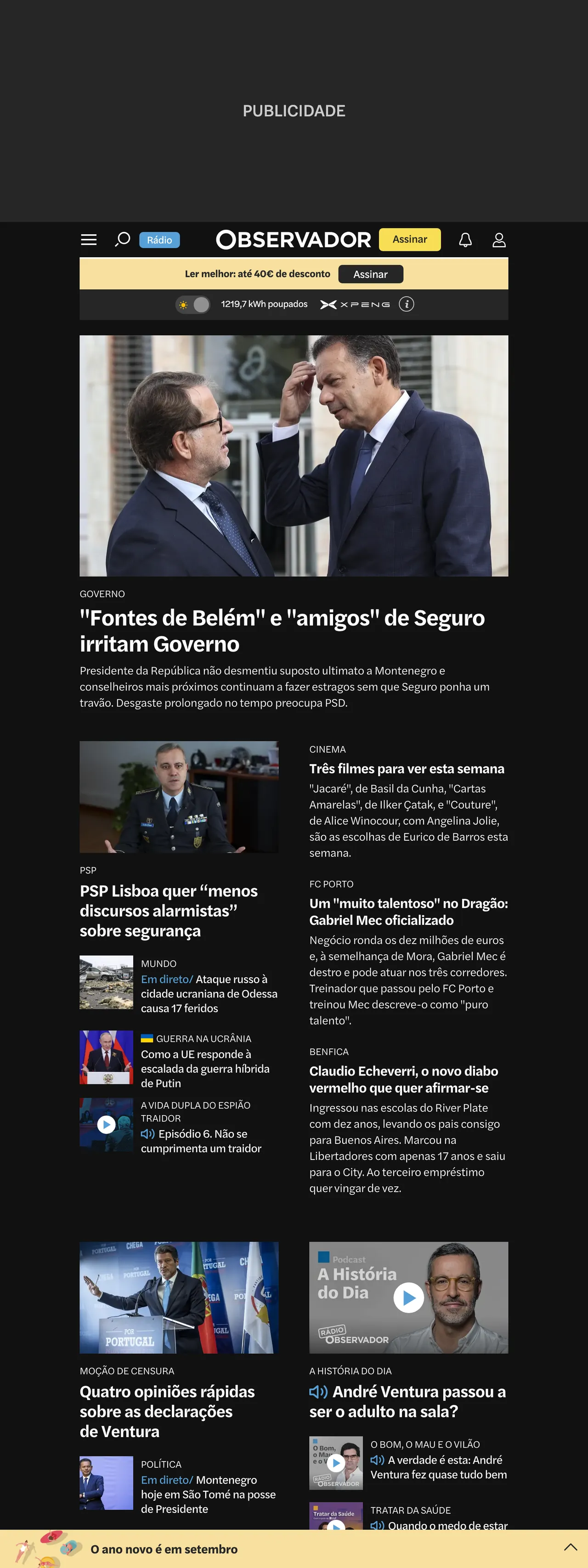 Screenshot of the Observador front page