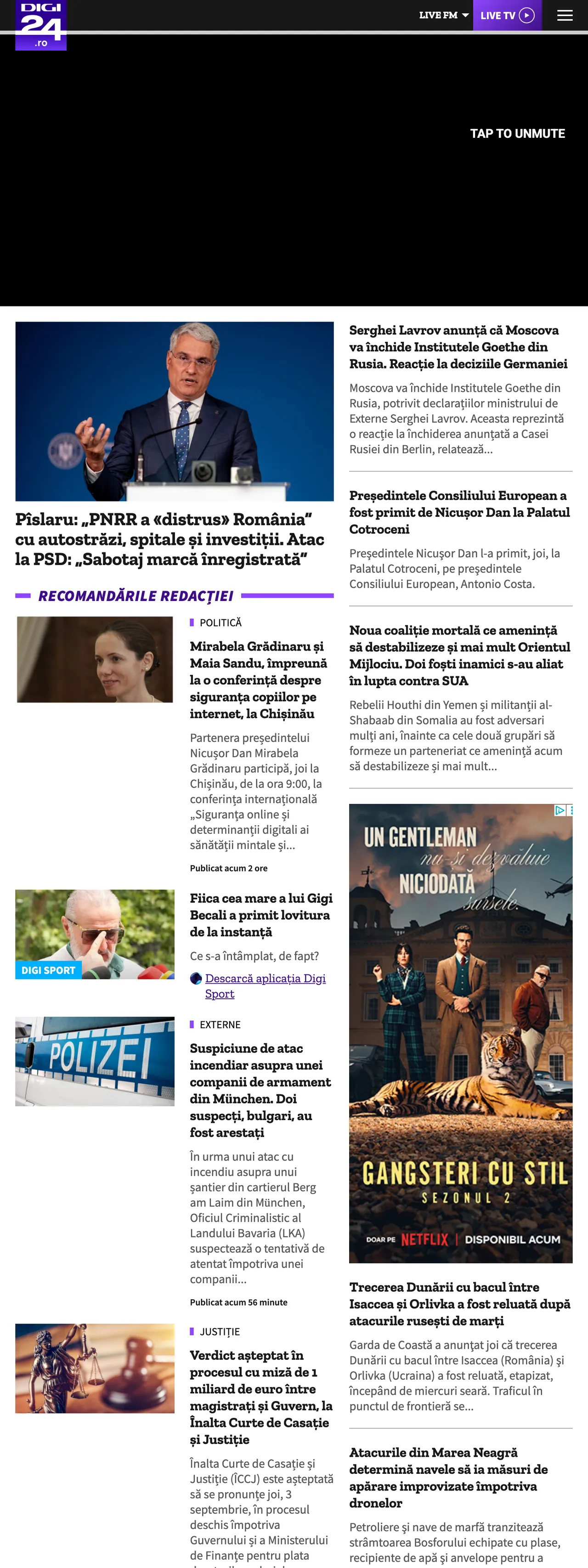 Screenshot of the Digi24 front page