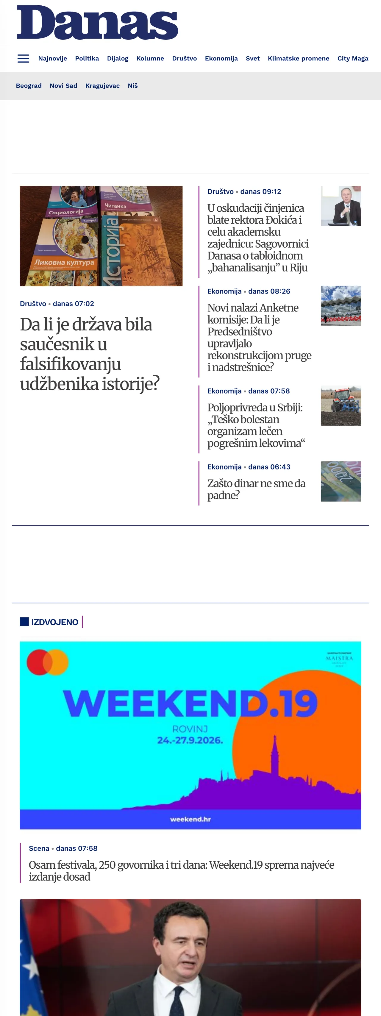 Screenshot of the Danas front page