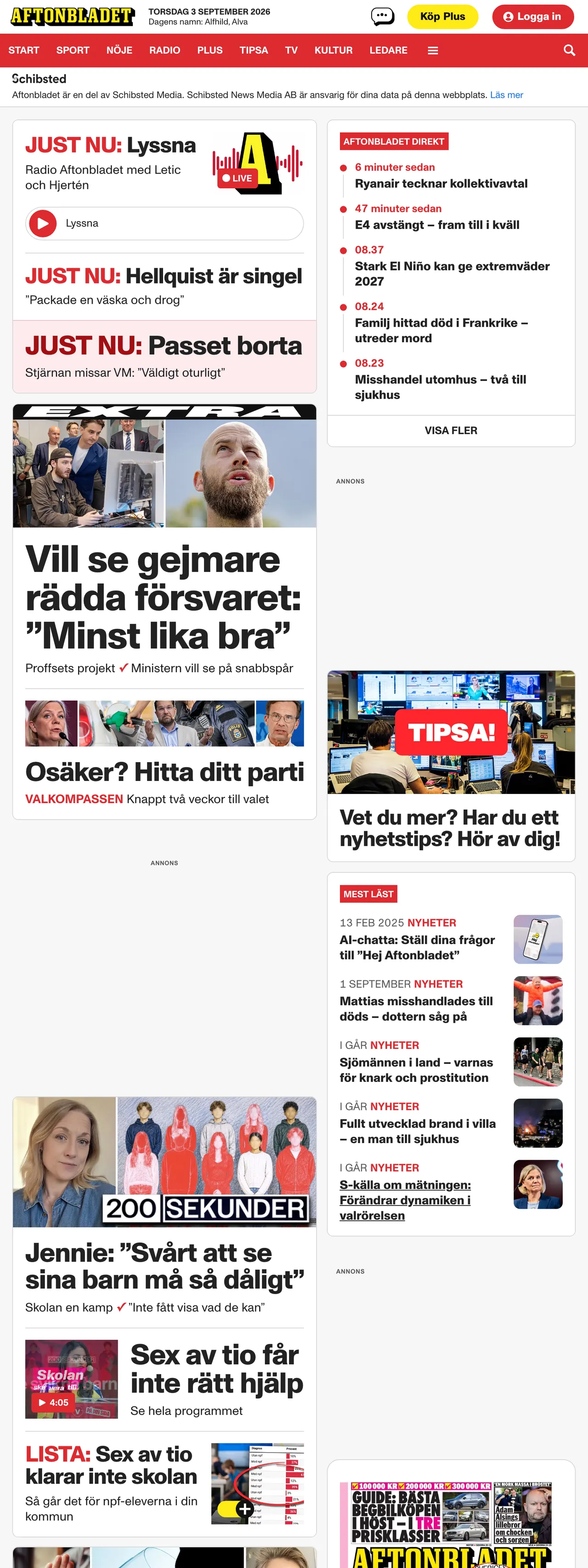 Screenshot of the Aftonbladet front page