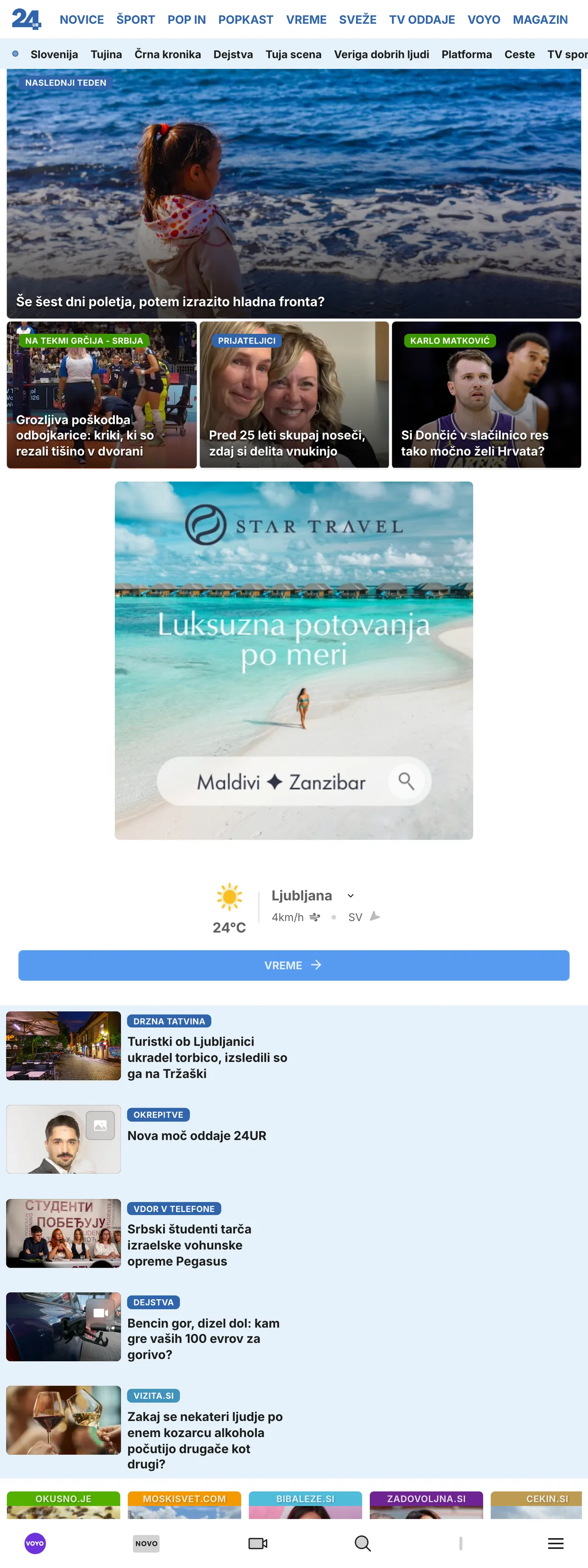 Screenshot of the 24ur front page