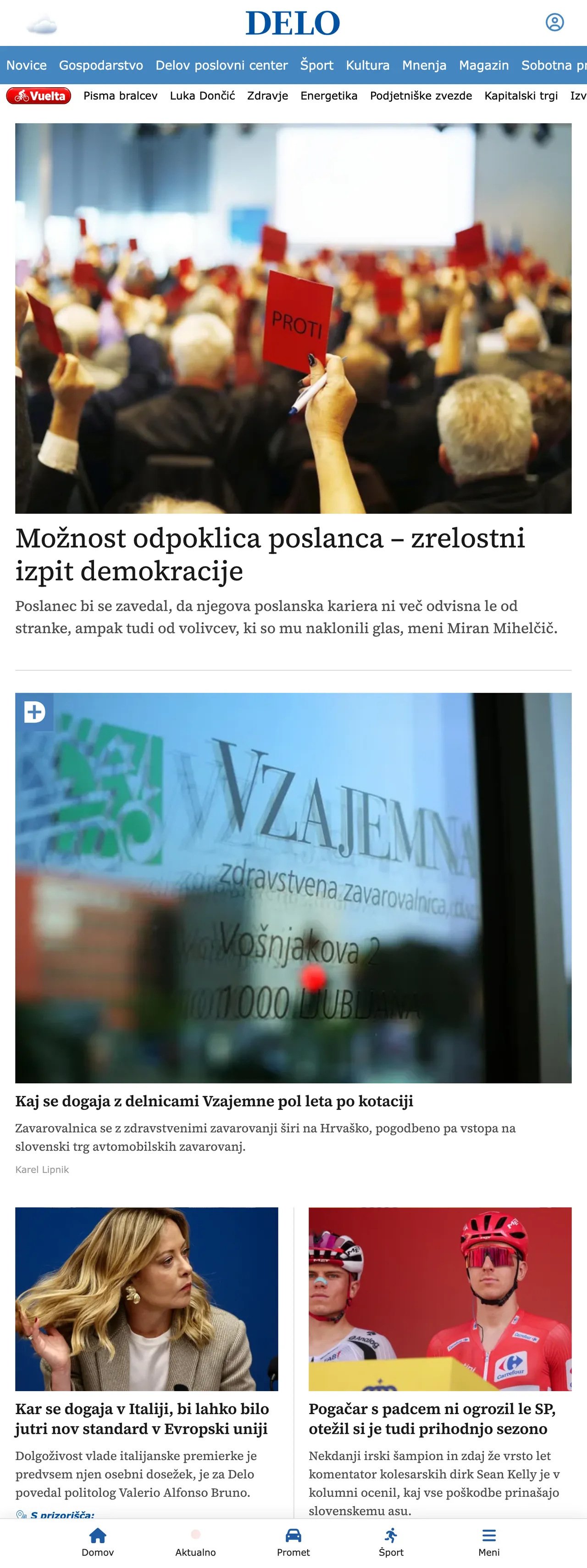 Screenshot of the Delo front page
