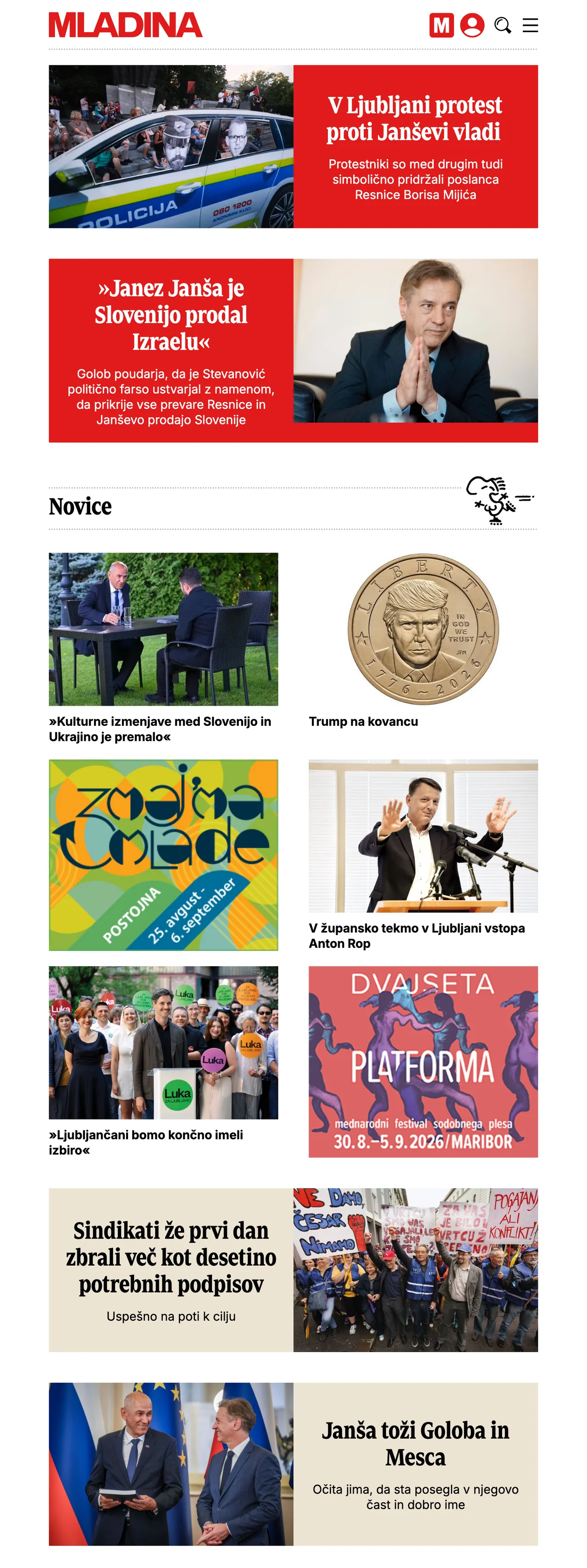 Screenshot of the Mladina front page