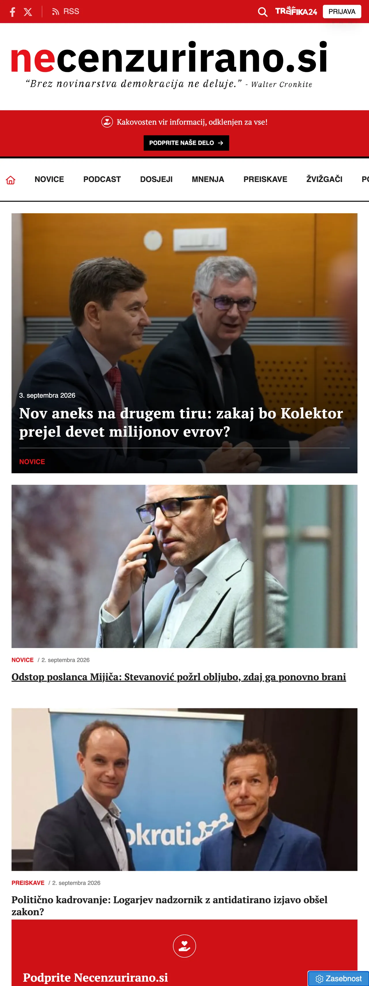 Screenshot of the Necenzurirano front page