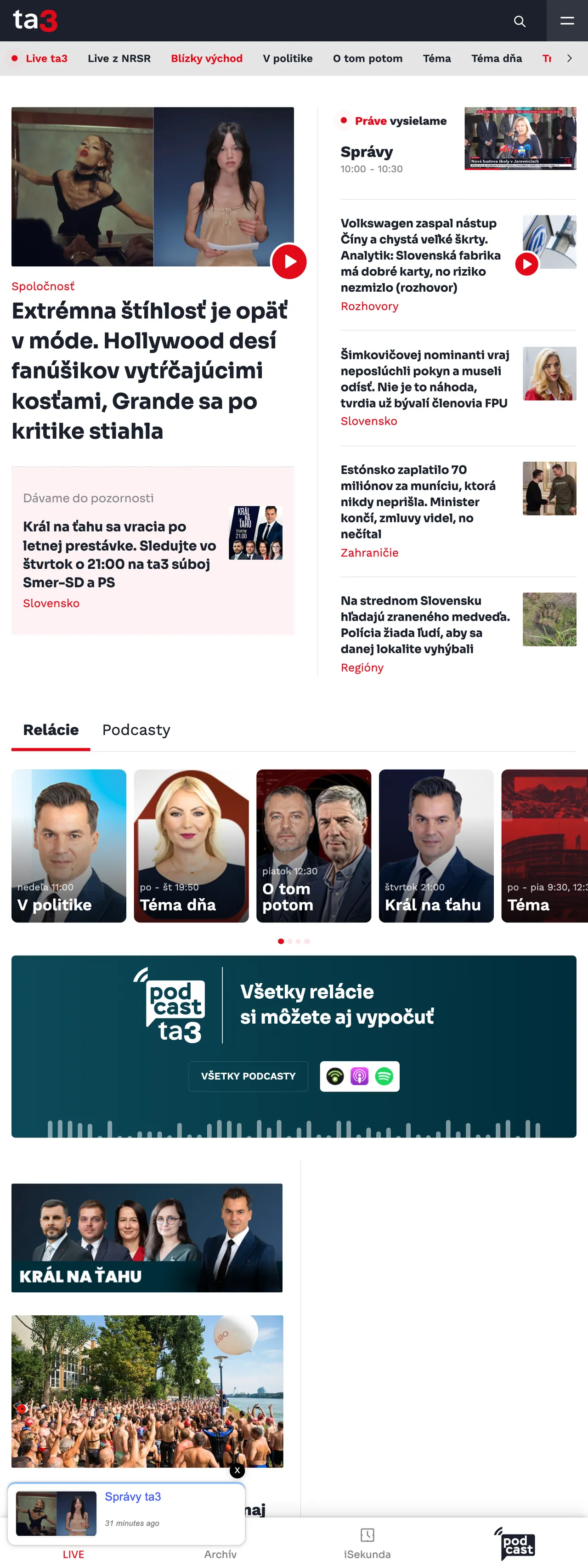 Screenshot of the TA3 front page