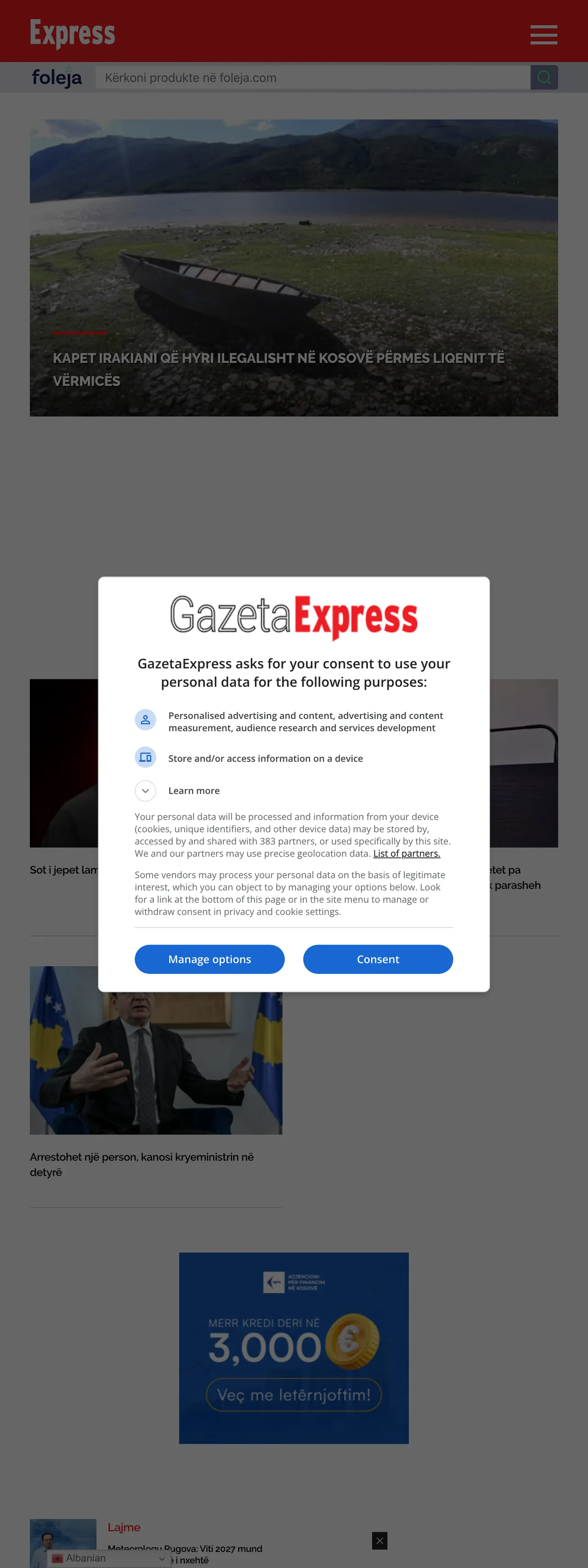 Screenshot of the Gazeta Express front page