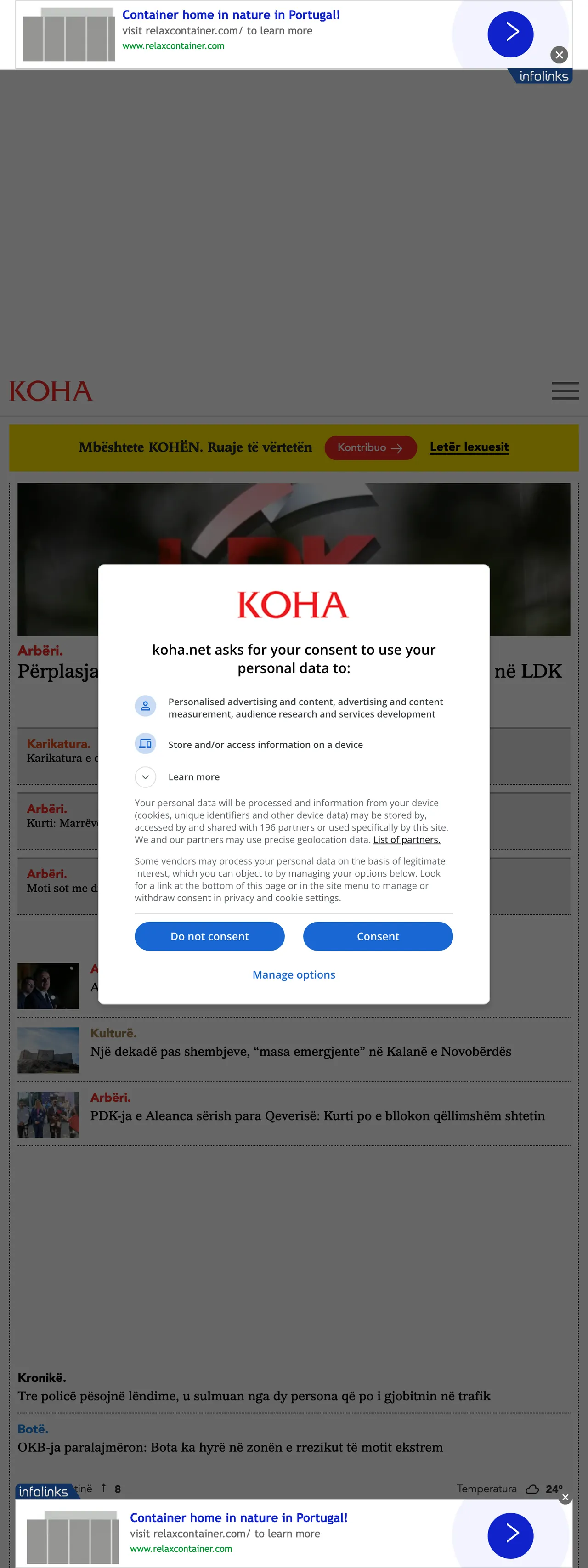 Screenshot of the Koha Ditore front page