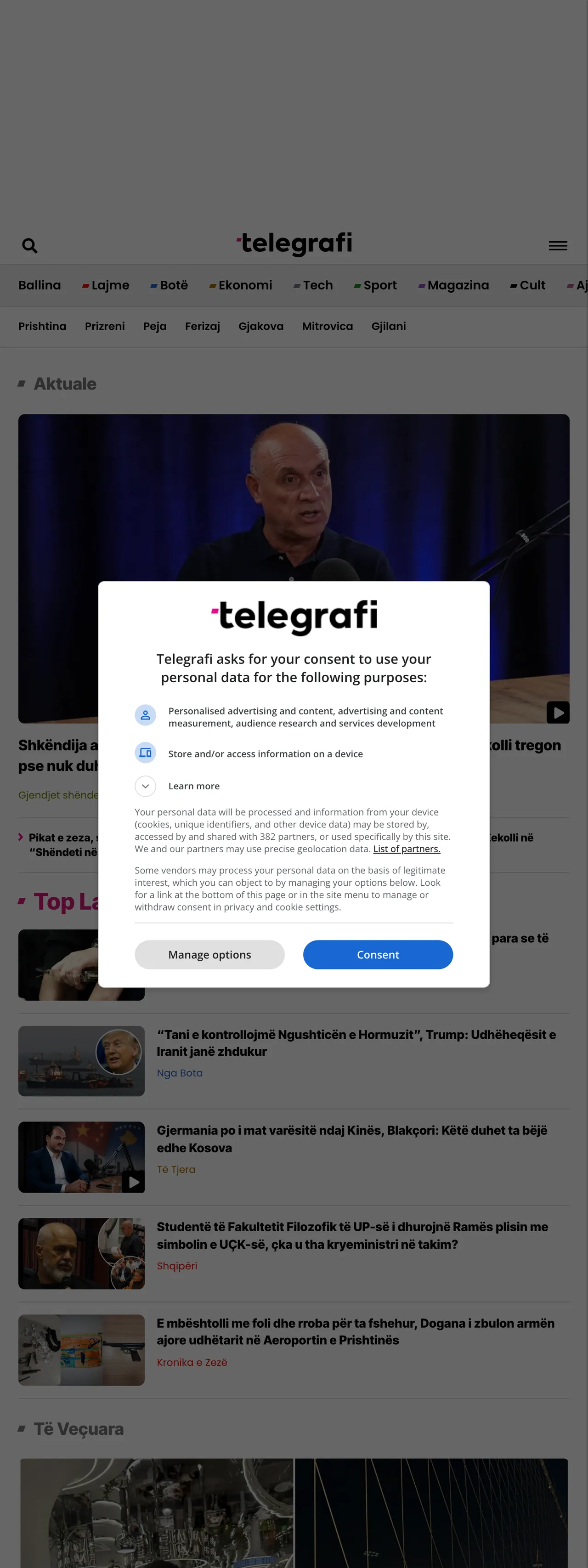 Screenshot of the Telegrafi front page