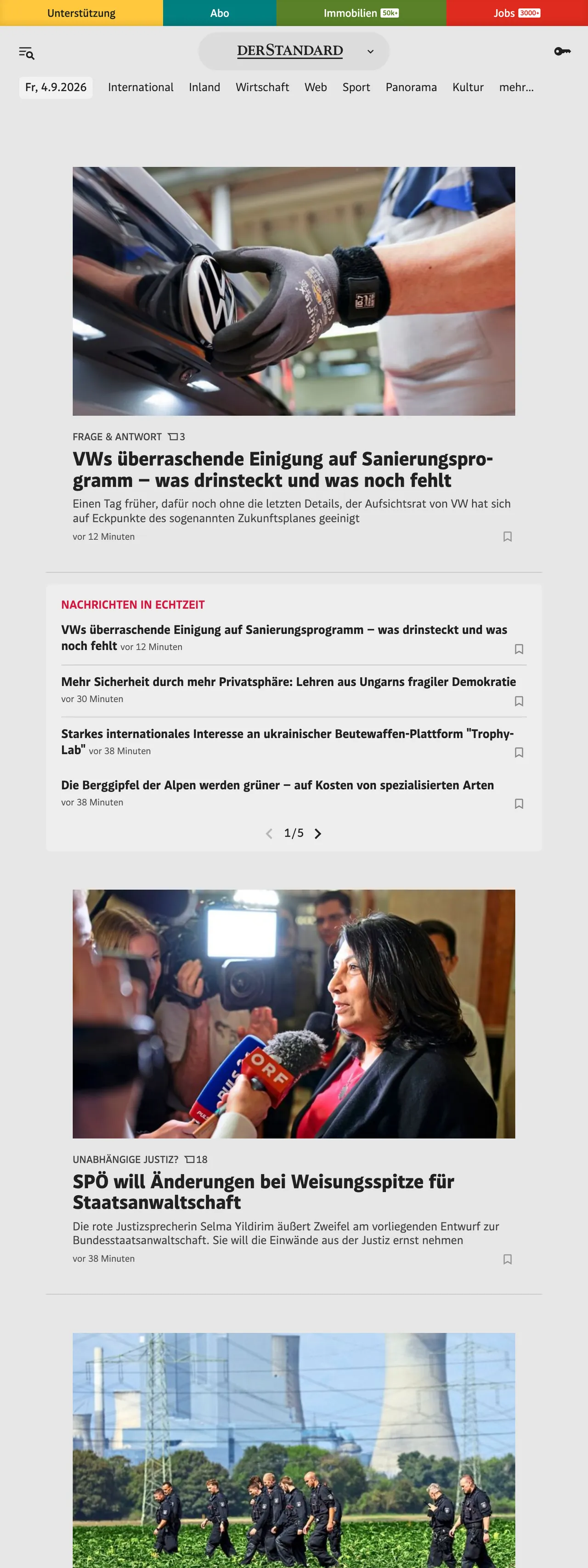 Screenshot of the DER STANDARD front page