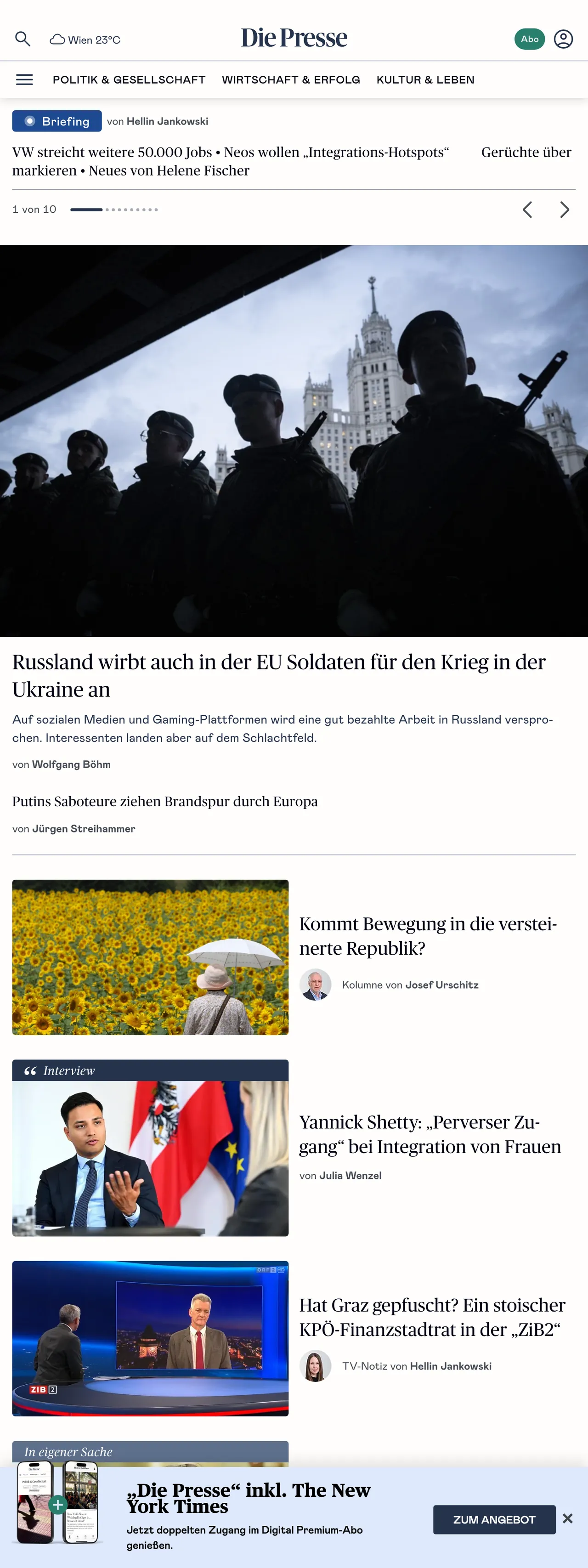 Screenshot of the Die Presse front page