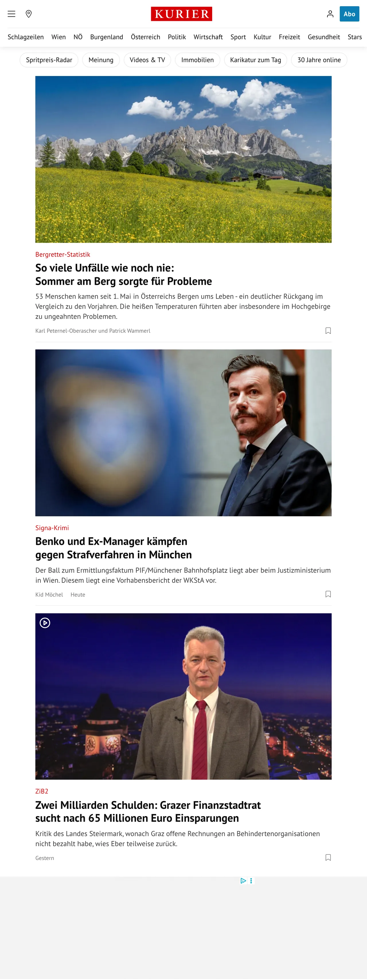 Screenshot of the Kurier front page