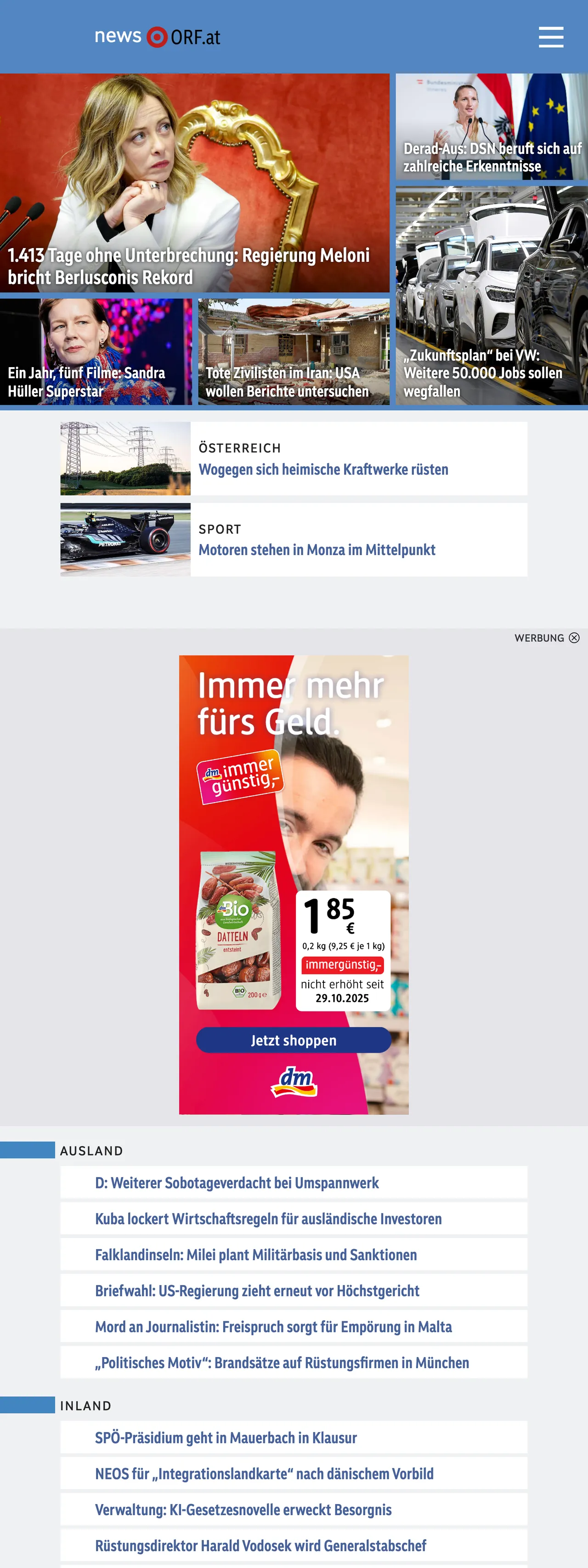 Screenshot of the ORF front page