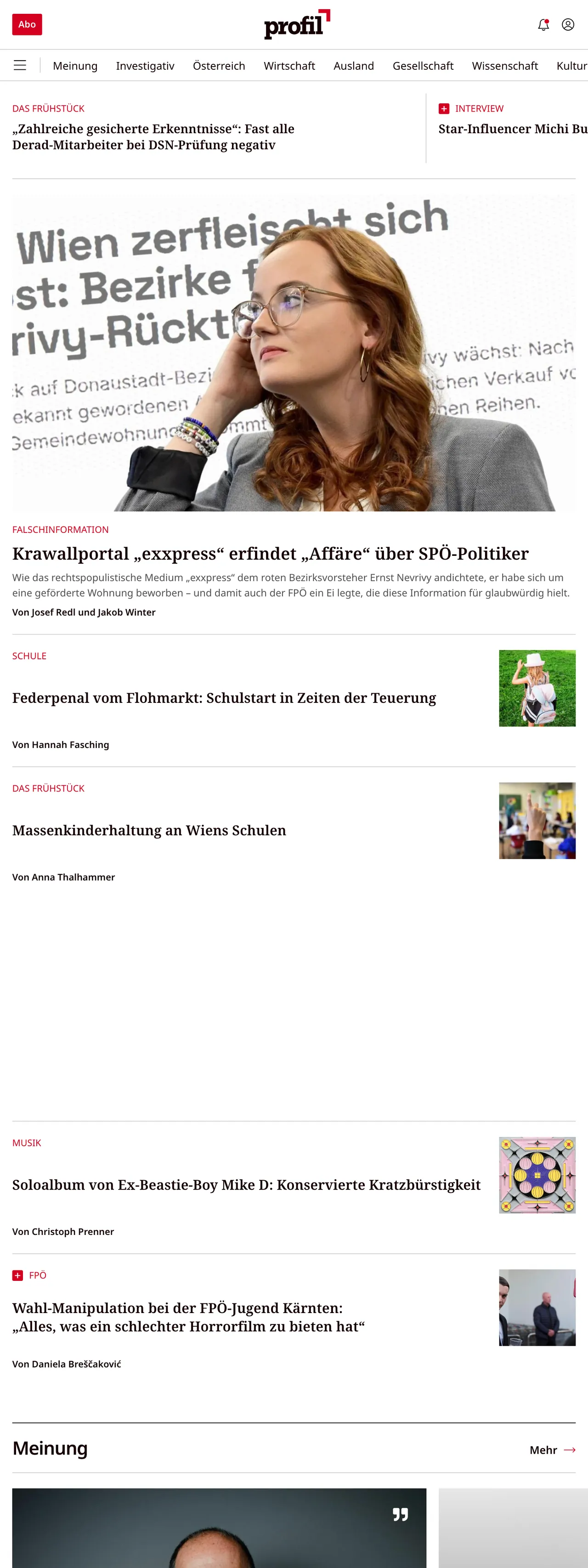 Screenshot of the profil front page