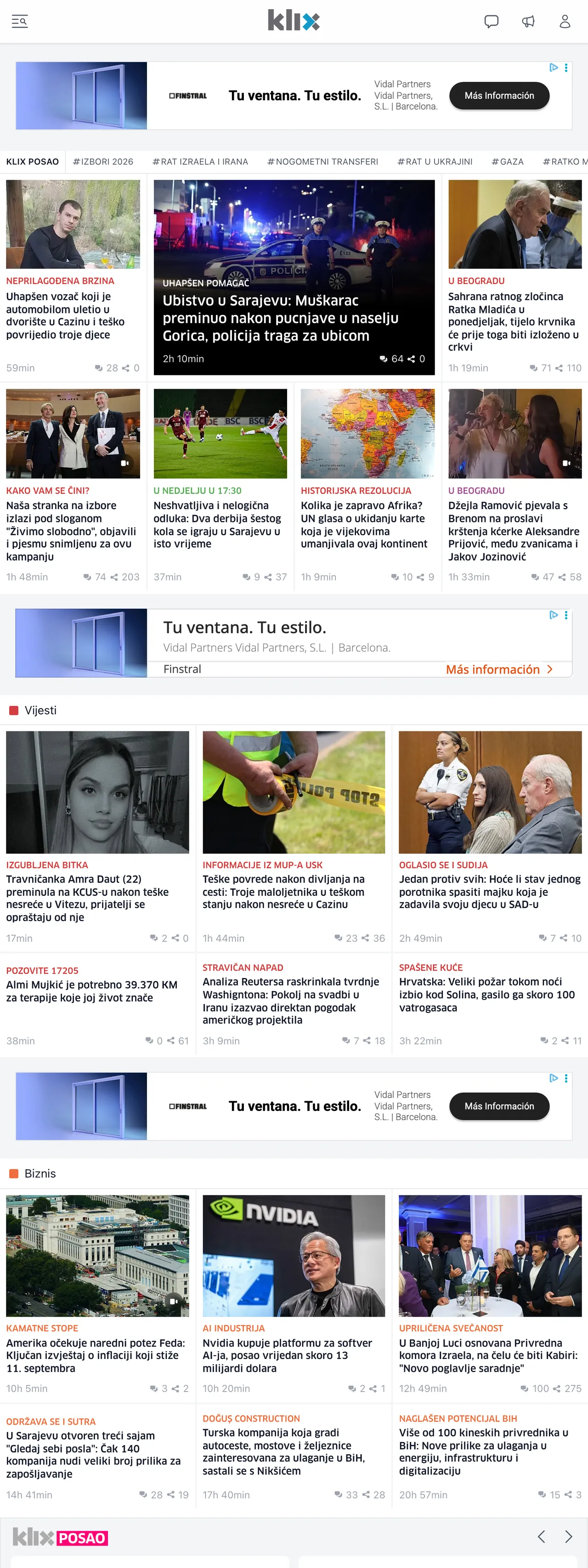 Screenshot of the Klix.ba front page