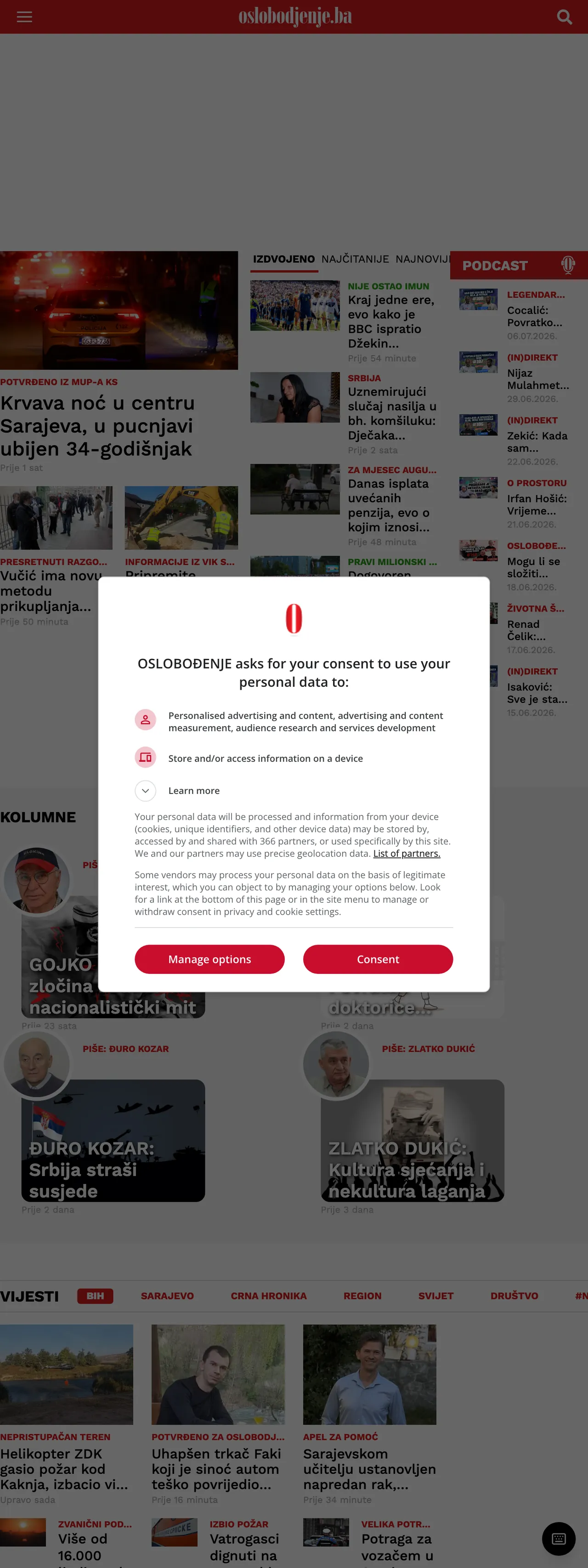 Screenshot of the Oslobođenje front page