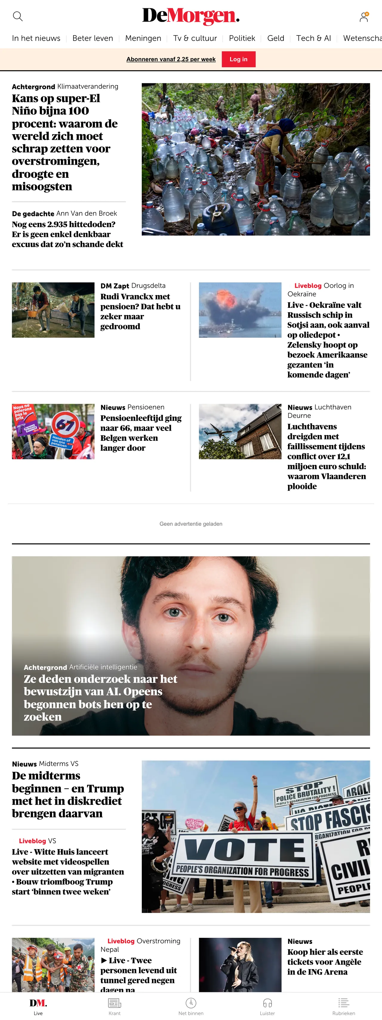 Screenshot of the De Morgen front page