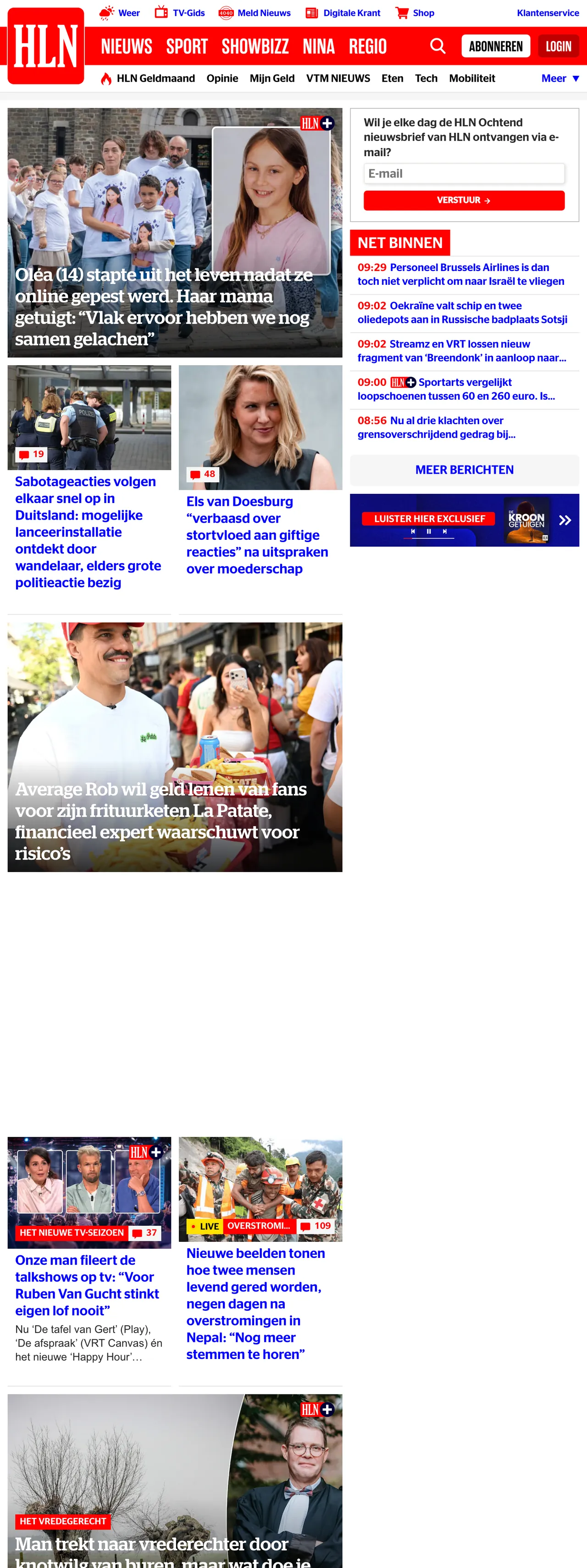 Screenshot of the HLN front page