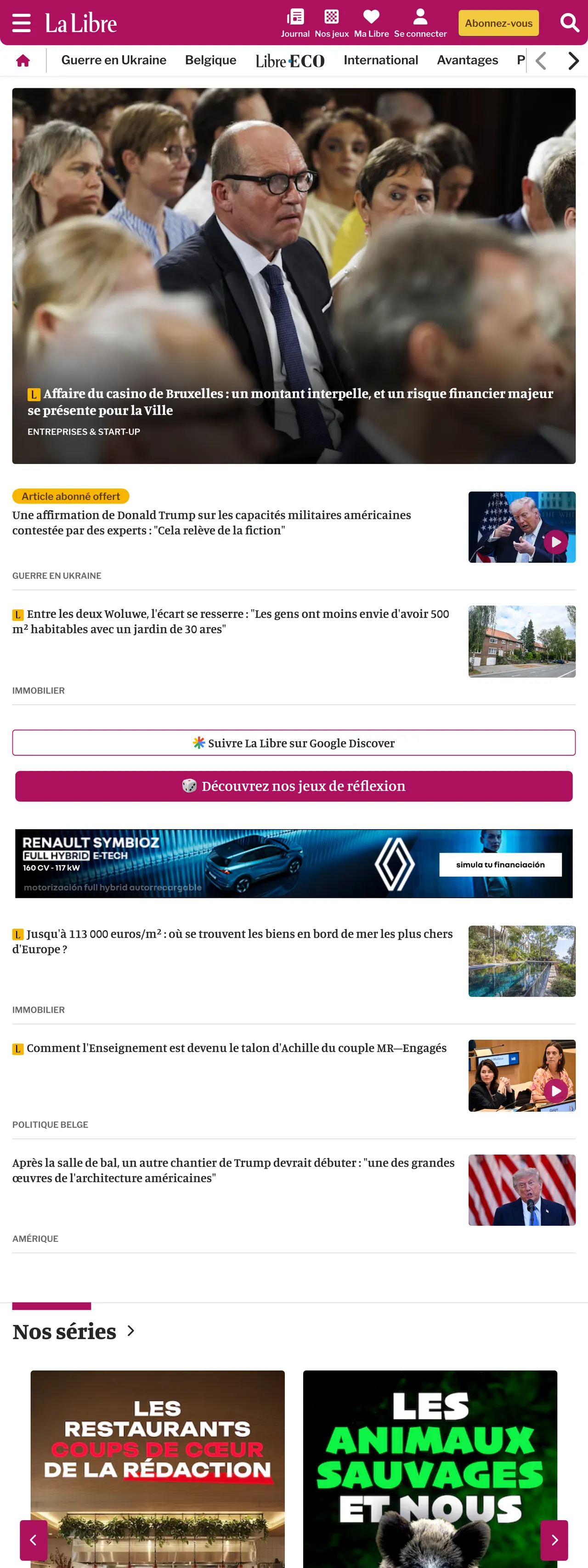Screenshot of the La Libre front page