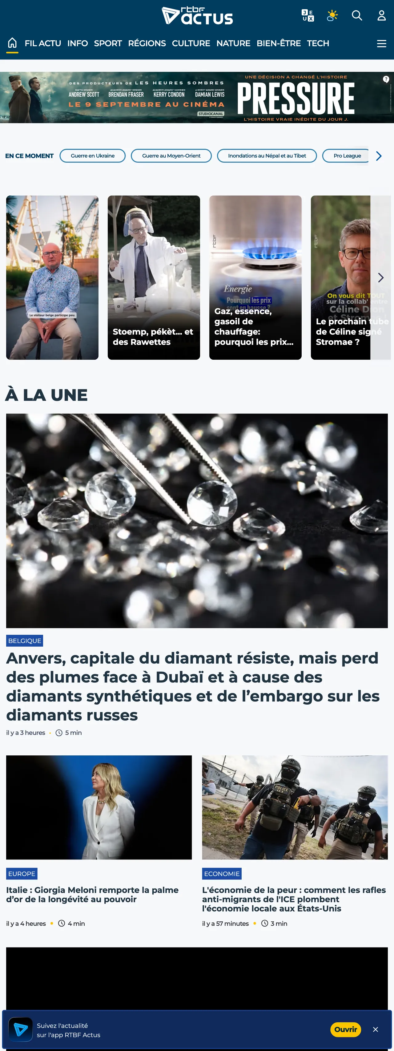 Screenshot of the RTBF front page
