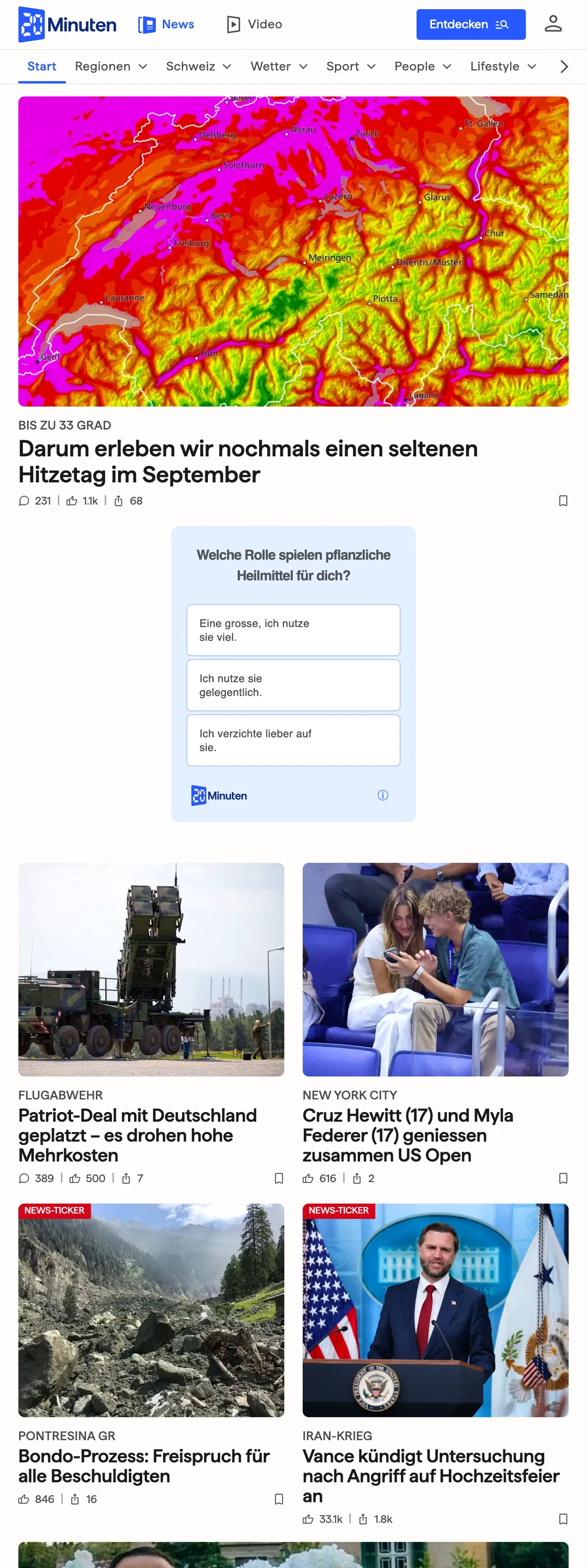 Screenshot of the 20 Minuten front page