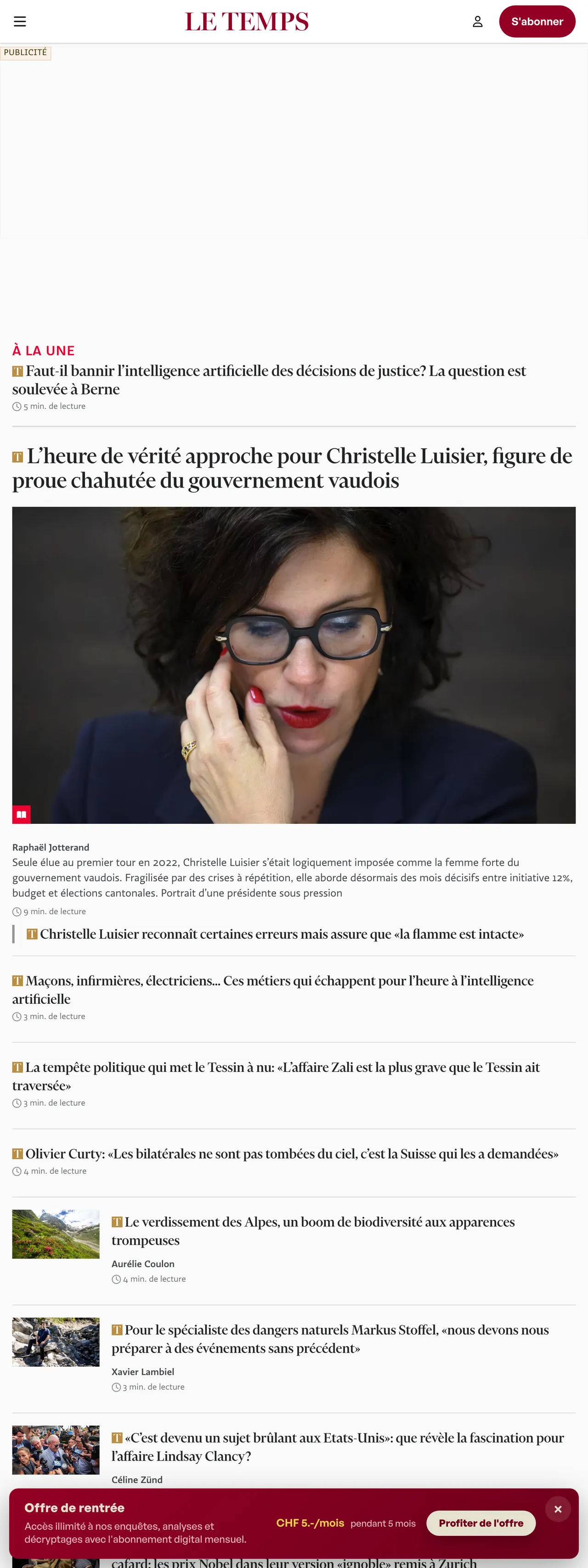 Screenshot of the Le Temps front page