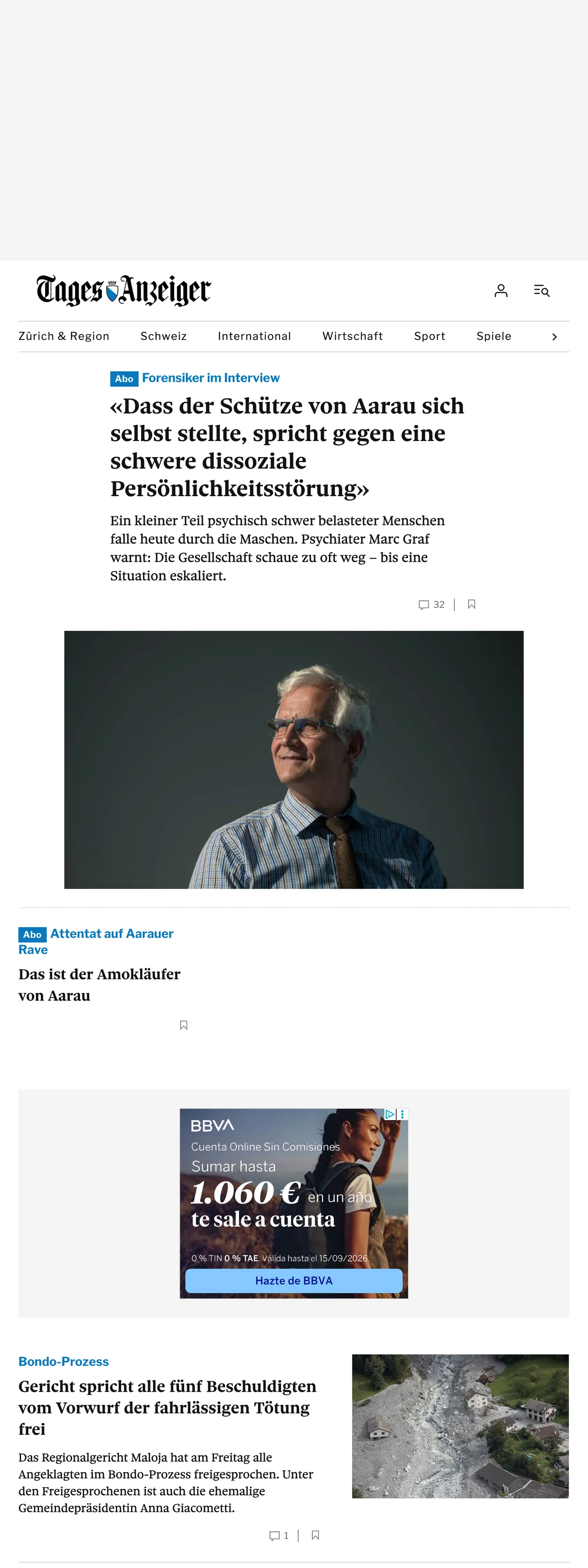 Screenshot of the Tages-Anzeiger front page